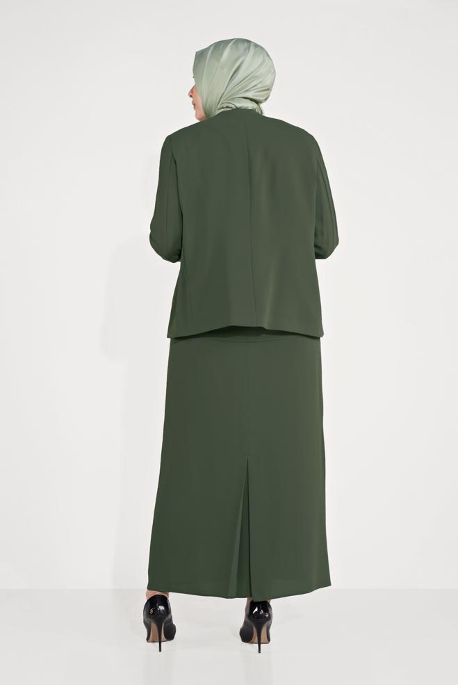 Tesettür giyim HAKİ TAŞLI NAKIŞLI ÜÇLÜ ETEKLİ TAKIM 30032 - ALVİNA