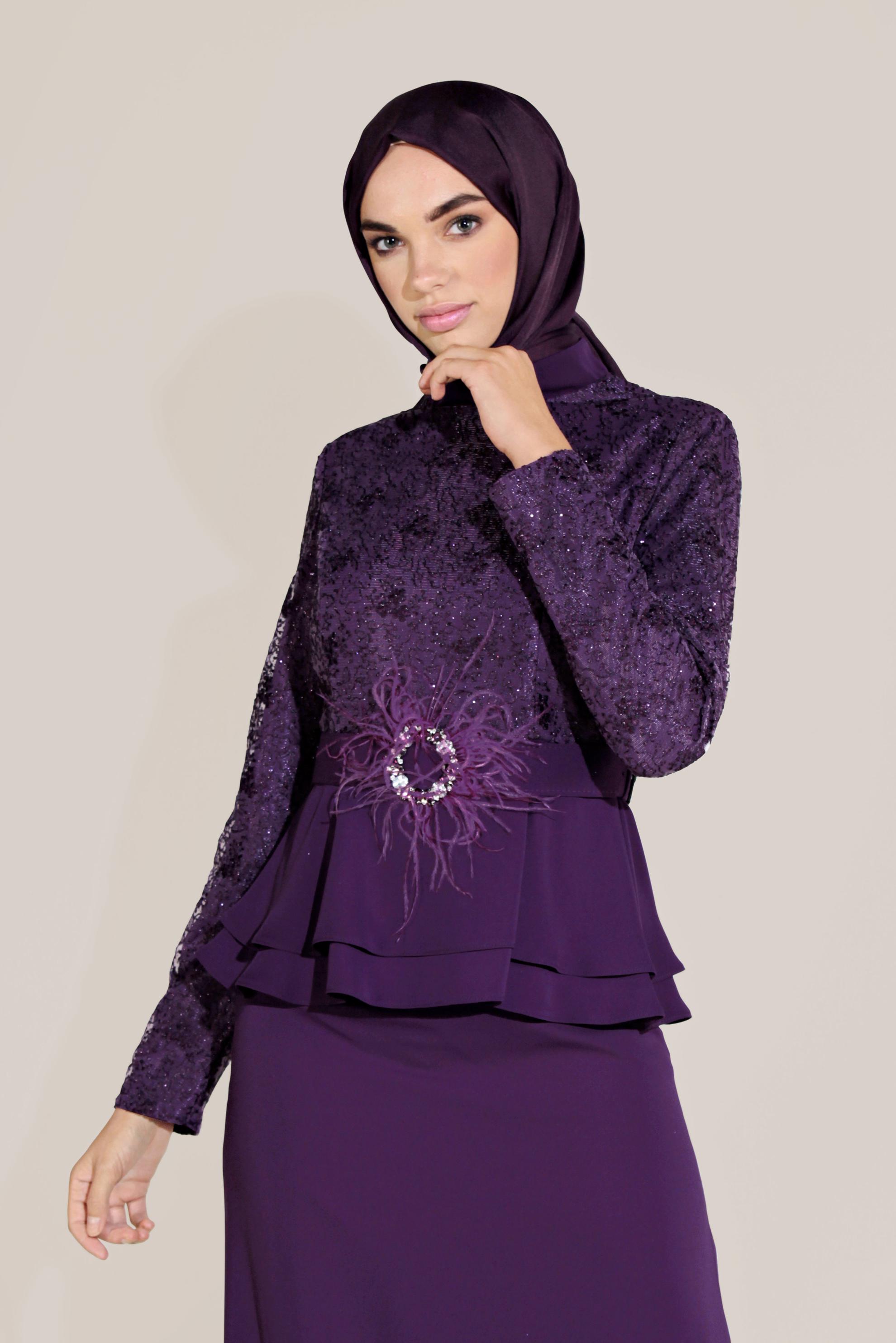 Hijab clothing PURPLE BELTED TOP-RIBBED FLOUNCE-WAIST MANDARIN COLLAR SUIT 30040