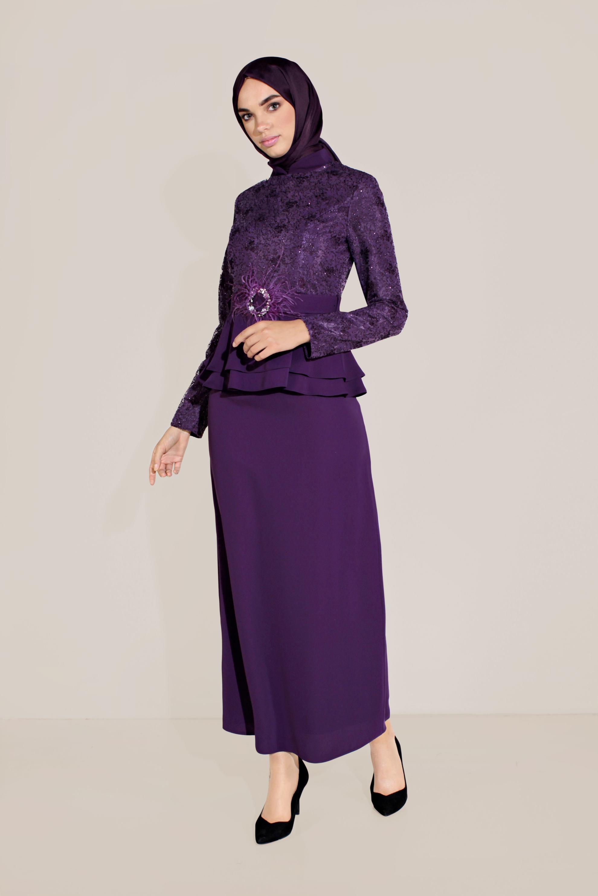 Hijab clothing PURPLE BELTED TOP-RIBBED FLOUNCE-WAIST MANDARIN COLLAR SUIT 30040