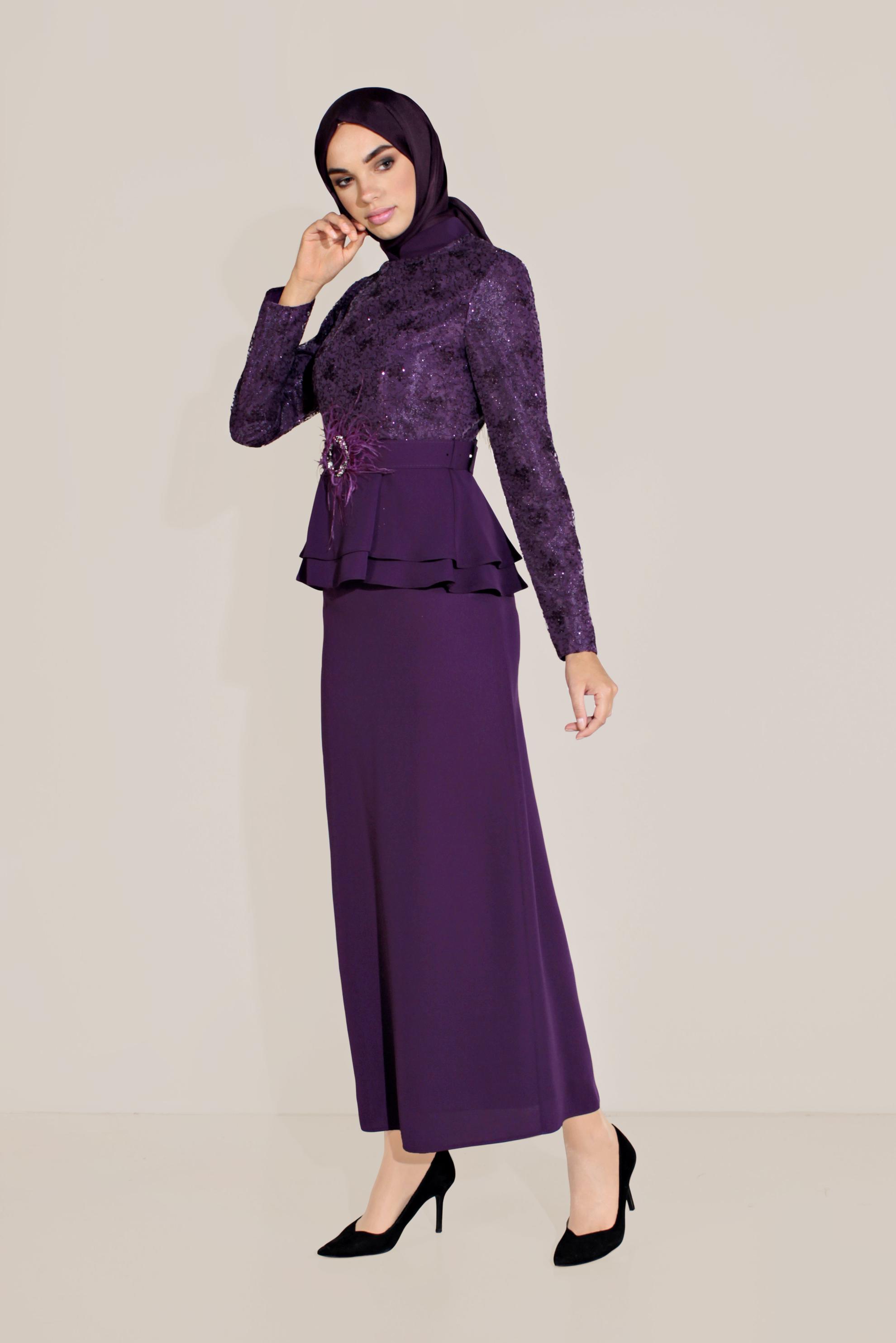 Hijab clothing PURPLE BELTED TOP-RIBBED FLOUNCE-WAIST MANDARIN COLLAR SUIT 30040