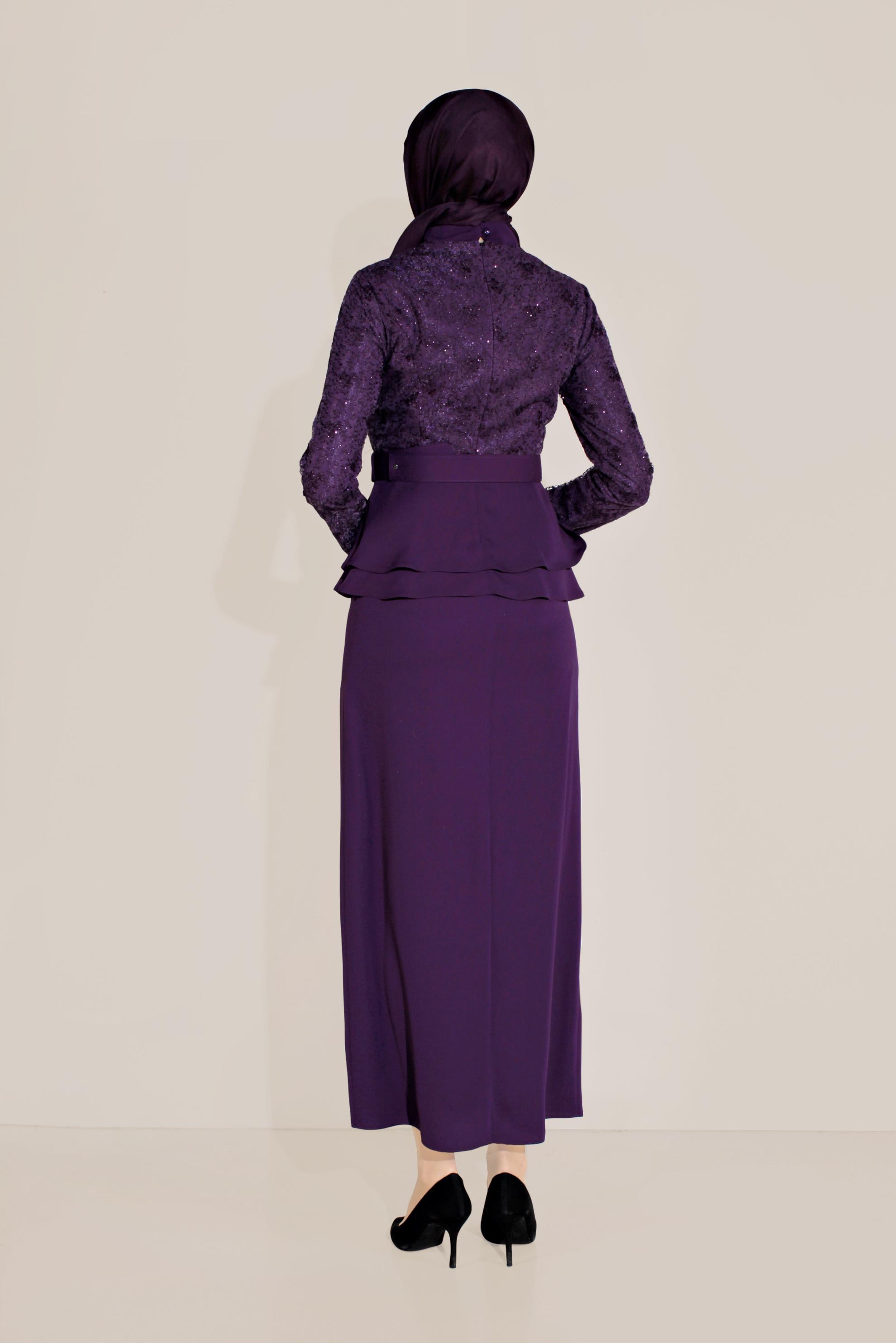 Hijab clothing PURPLE BELTED TOP-RIBBED FLOUNCE-WAIST MANDARIN COLLAR SUIT 30040