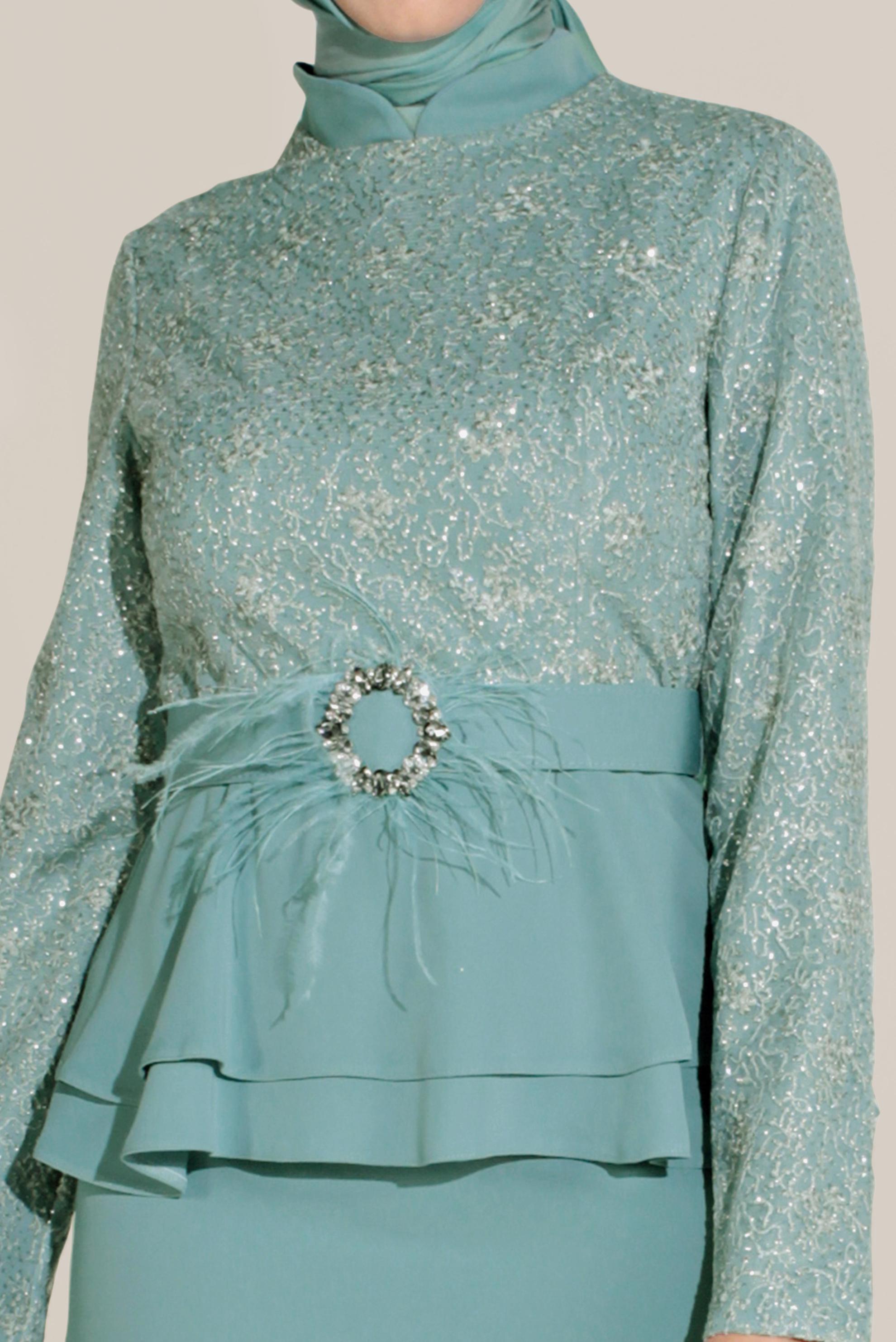 Tesettür giyim MAVİ KEMERLİ GÜPÜR VE FIRFIR DETAYLI HAKİM YAKA TAKIM 30040 