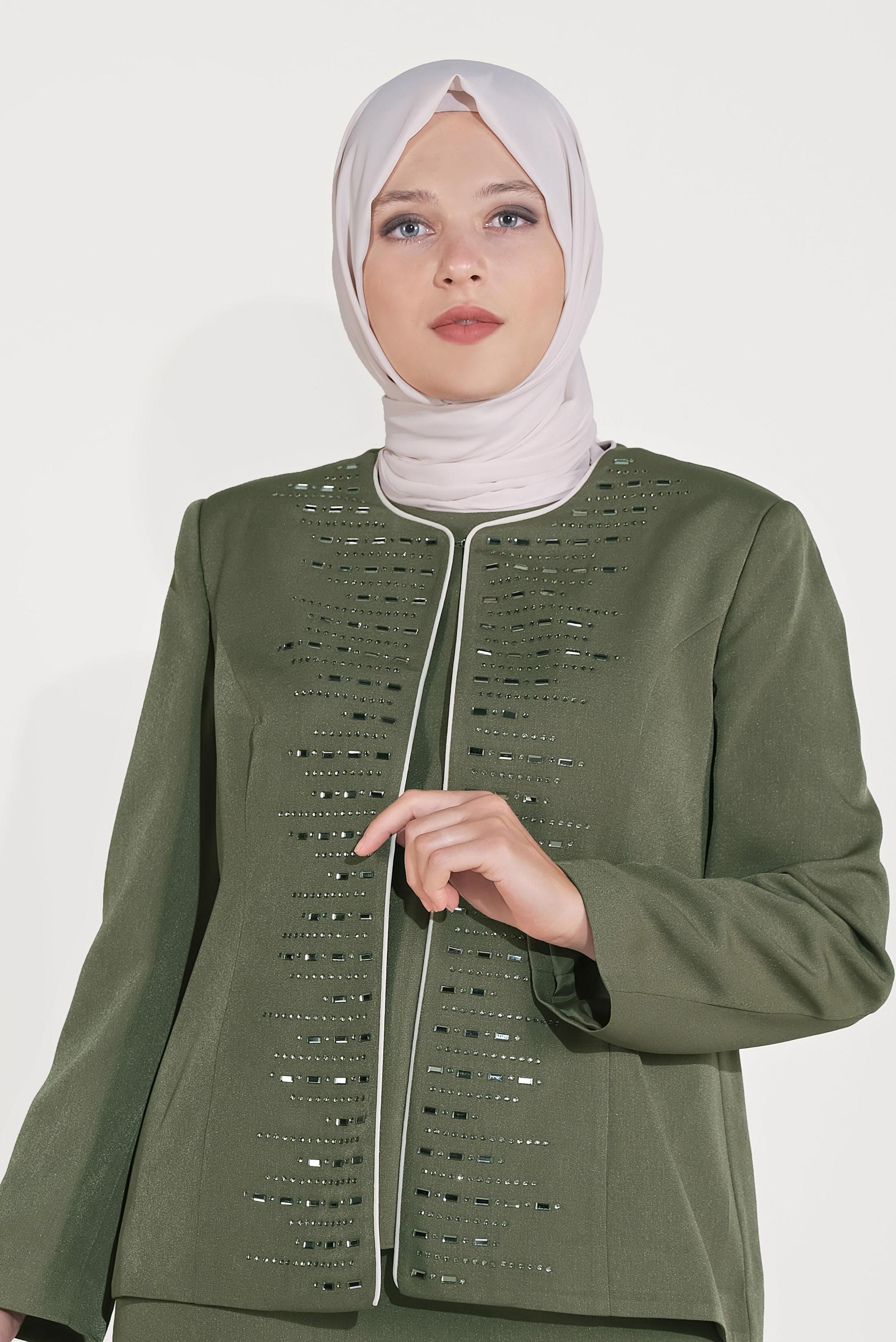 Hijab clothing KHAKI EMBELLISHED SKIRT SUIT 30053 