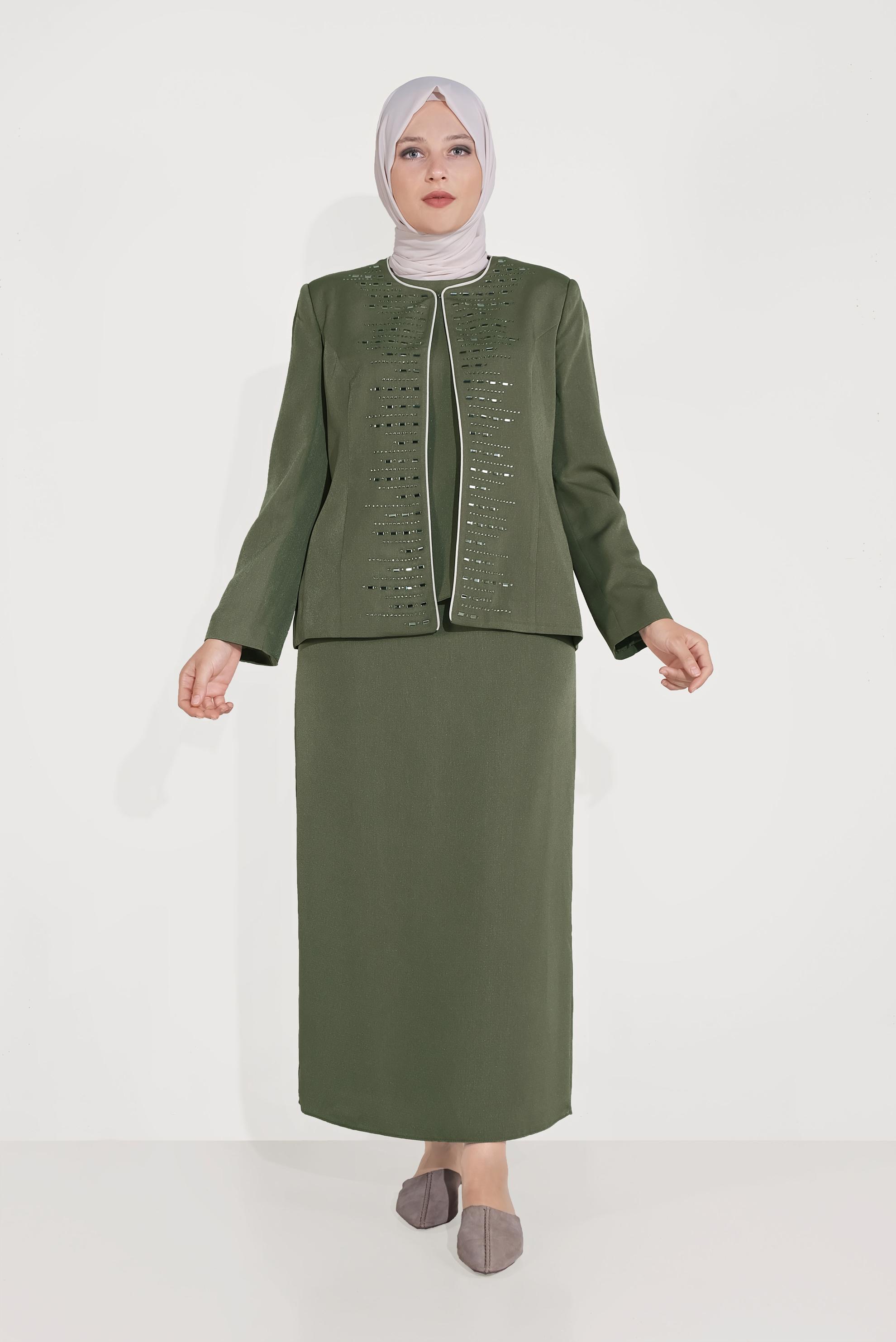 Hijab clothing KHAKI EMBELLISHED SKIRT SUIT 30053 