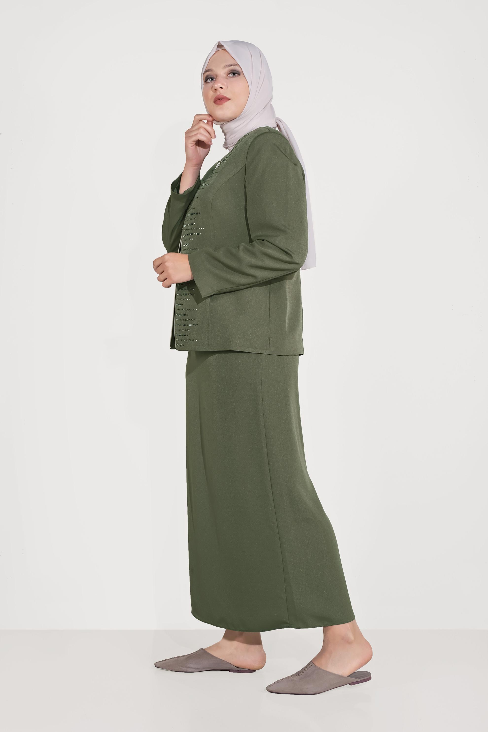 Hijab clothing KHAKI EMBELLISHED SKIRT SUIT 30053 