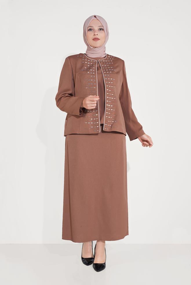 Tesettür giyim TABA TAŞ BASKILI ÜÇLÜ ETEKLİ TAKIM 30053  - ALVİNA