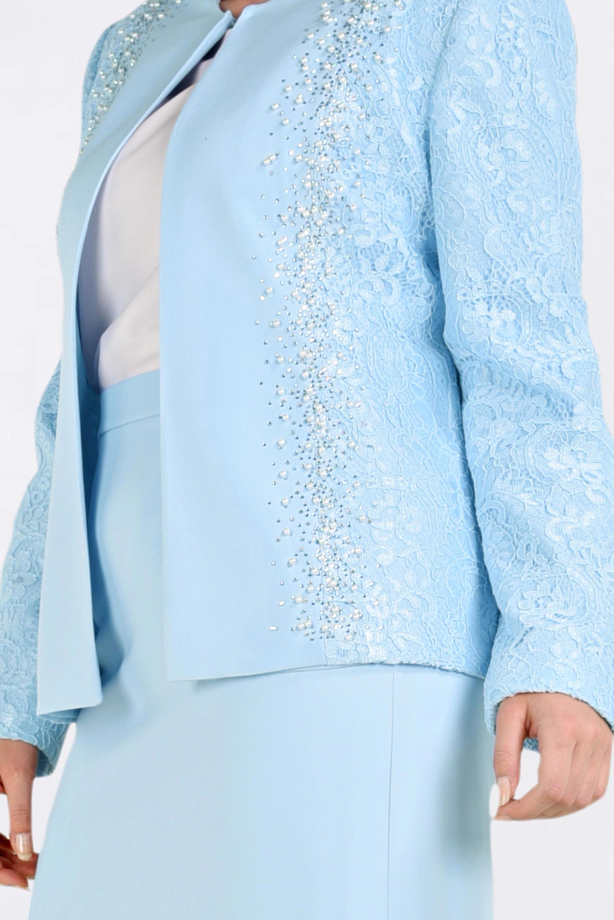 Tesettür giyim MAVİ GÜPÜRLÜ VE TAŞLI ÜÇLÜ ETEKLİ TAKIM 3458