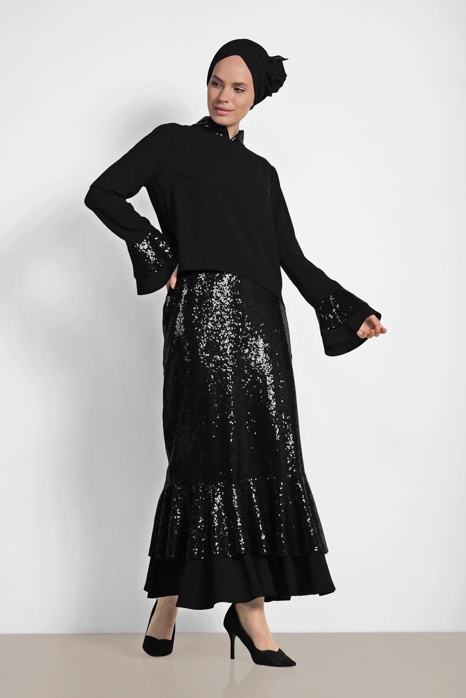 Hijab clothing BLACK SEQUINED 2-PEACE SKIRTED SUIT 3553 
