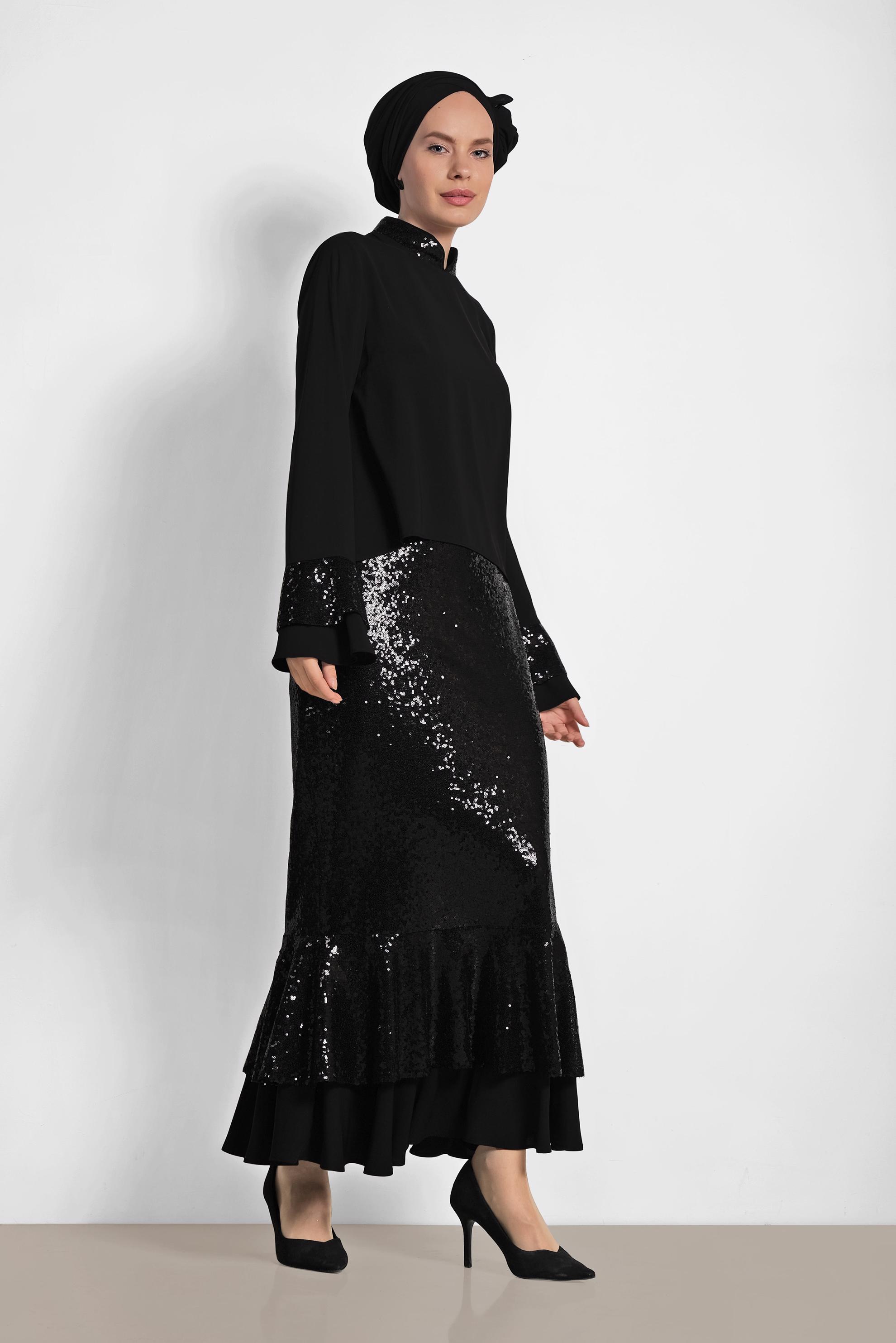 Hijab clothing BLACK SEQUINED 2-PEACE SKIRTED SUIT 3553 