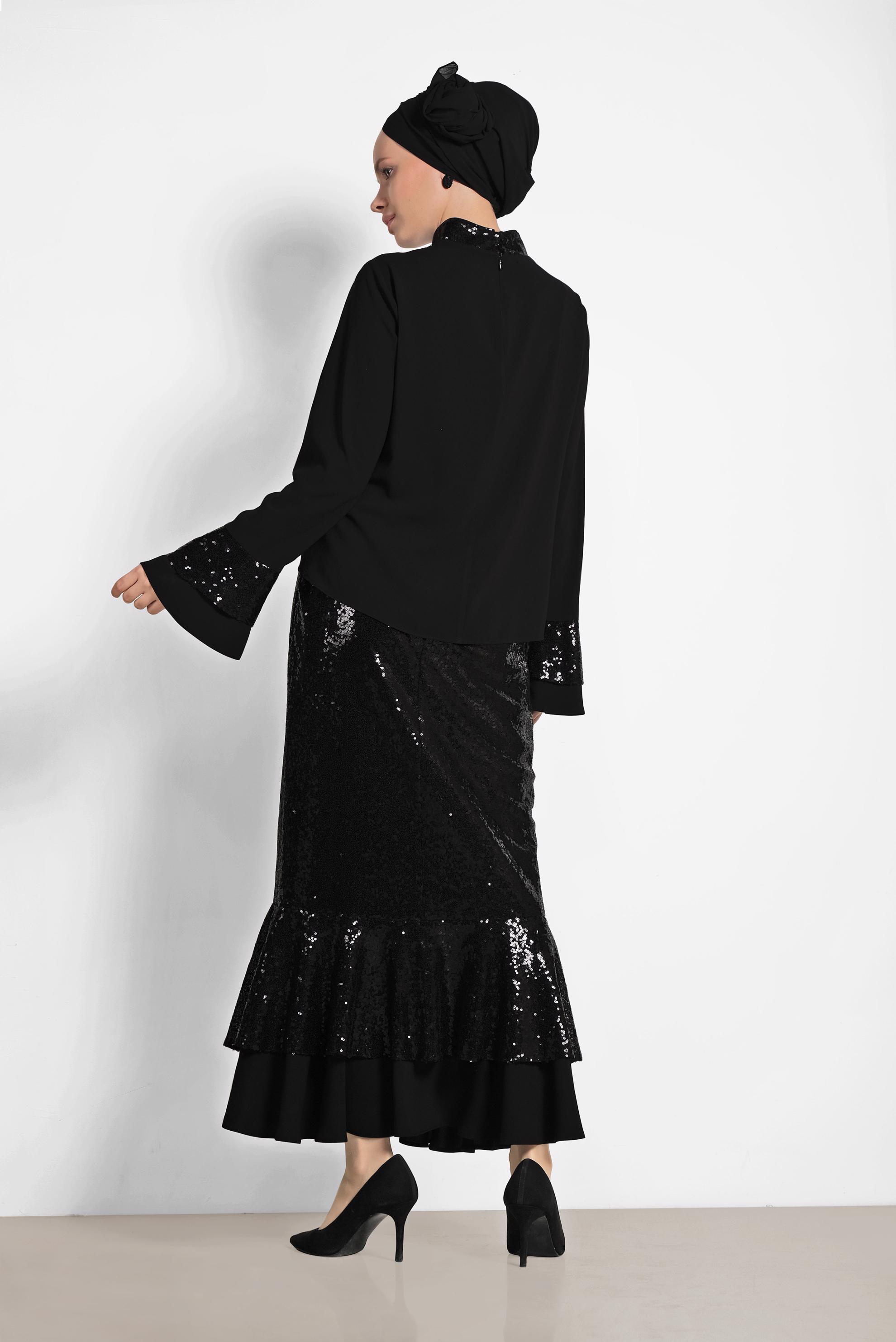 Hijab clothing BLACK SEQUINED 2-PEACE SKIRTED SUIT 3553 