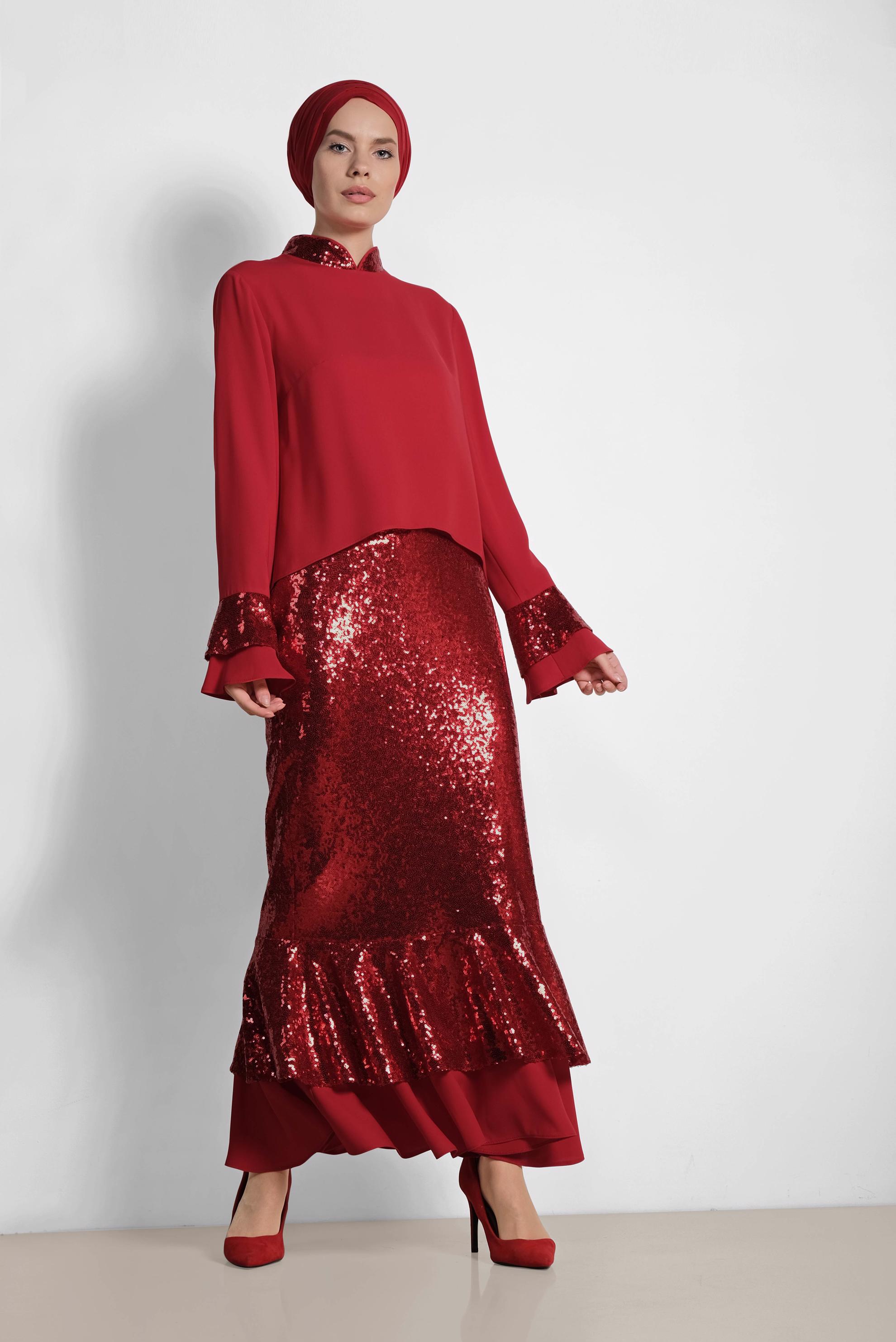 Tesettür giyim KIRMIZI PUL PAYETLİ İKİLİ ETEKLİ TAKIM 3553