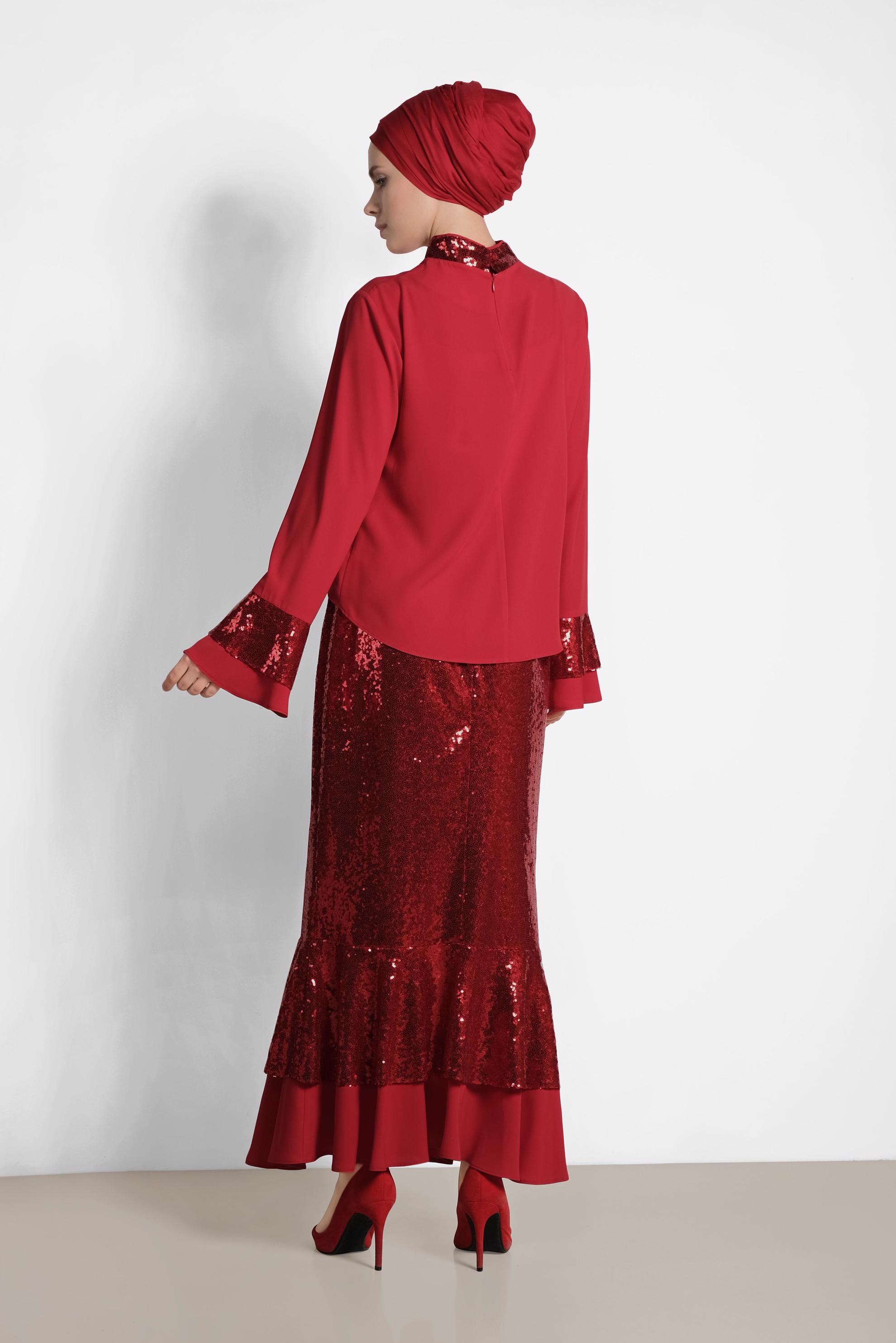 Tesettür giyim KIRMIZI PUL PAYETLİ İKİLİ ETEKLİ TAKIM 3553