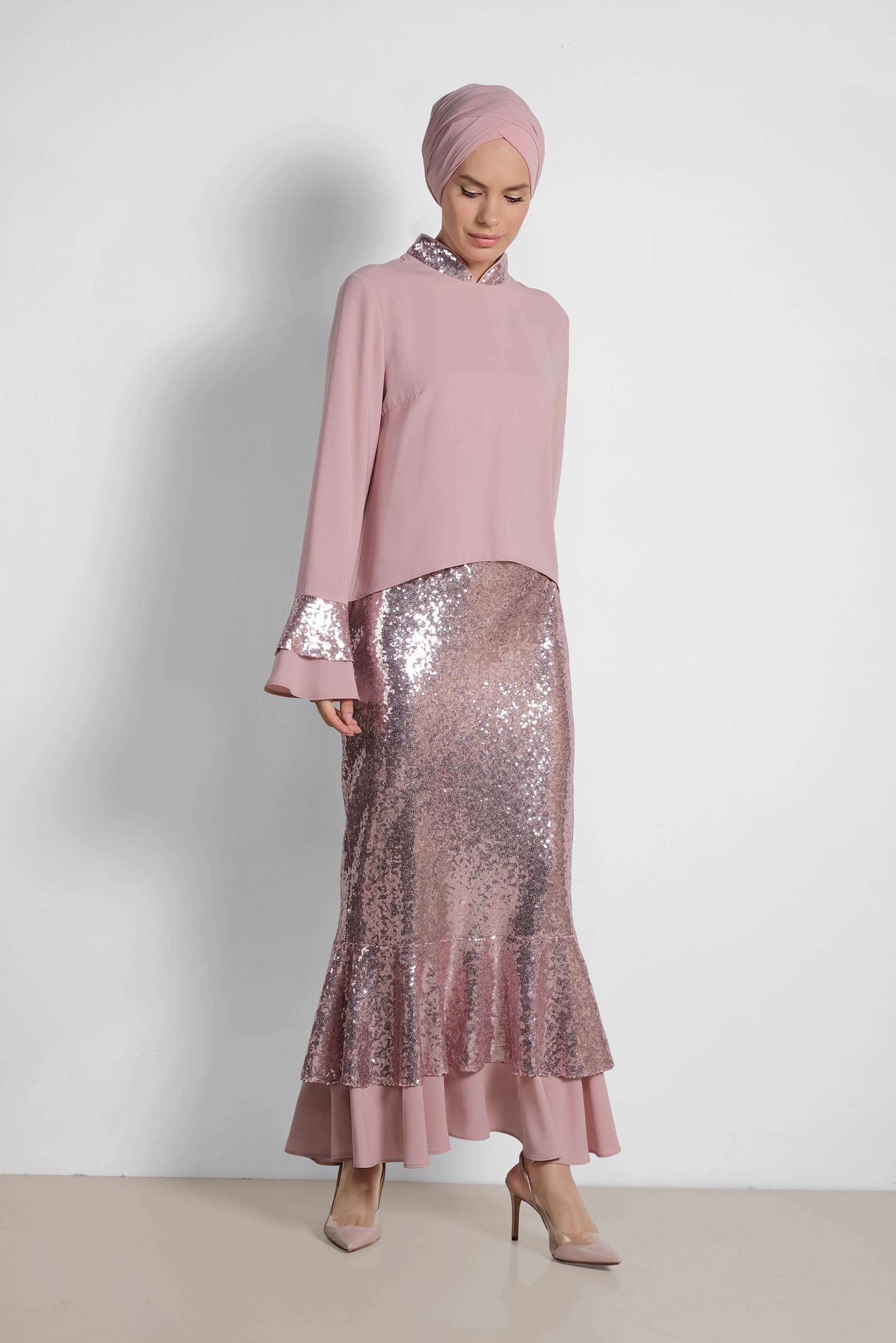 Tesettür giyim PUDRA PUL PAYETLİ İKİLİ ETEKLİ TAKIM 3553