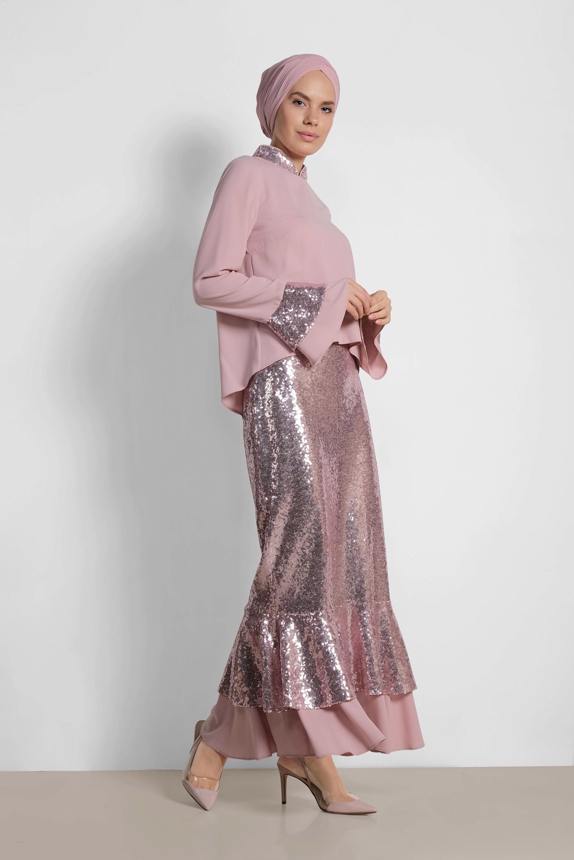Tesettür giyim PUDRA PUL PAYETLİ İKİLİ ETEKLİ TAKIM 3553