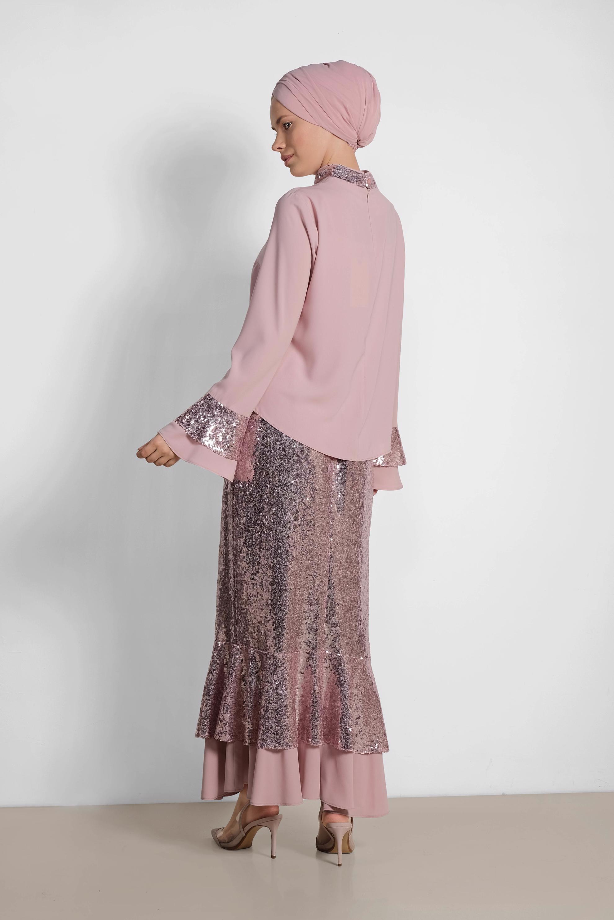 Tesettür giyim PUDRA PUL PAYETLİ İKİLİ ETEKLİ TAKIM 3553