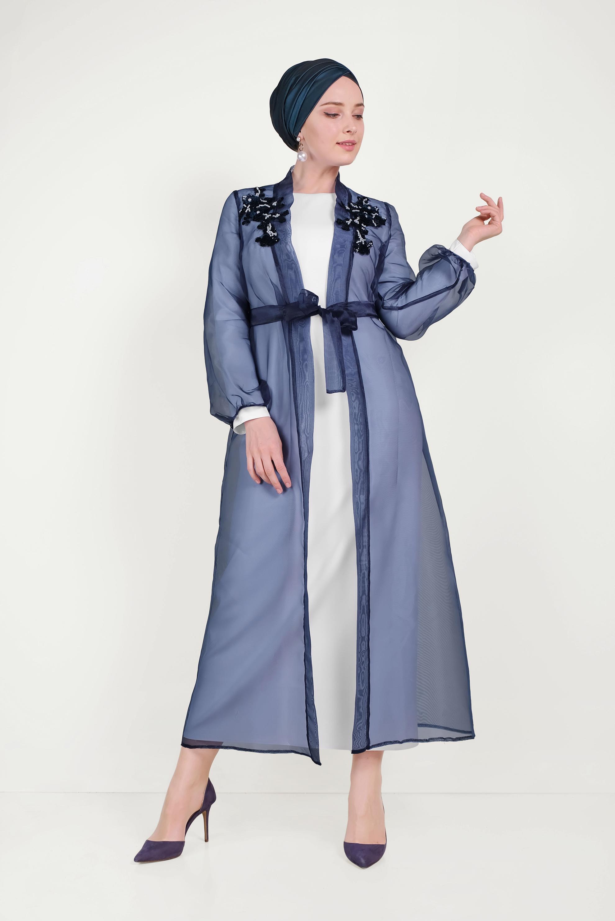 Tesettür giyim LACİVERT NAKIŞ İŞLEMELİ KUŞAKLI İKİLİ ELBİSE 40601