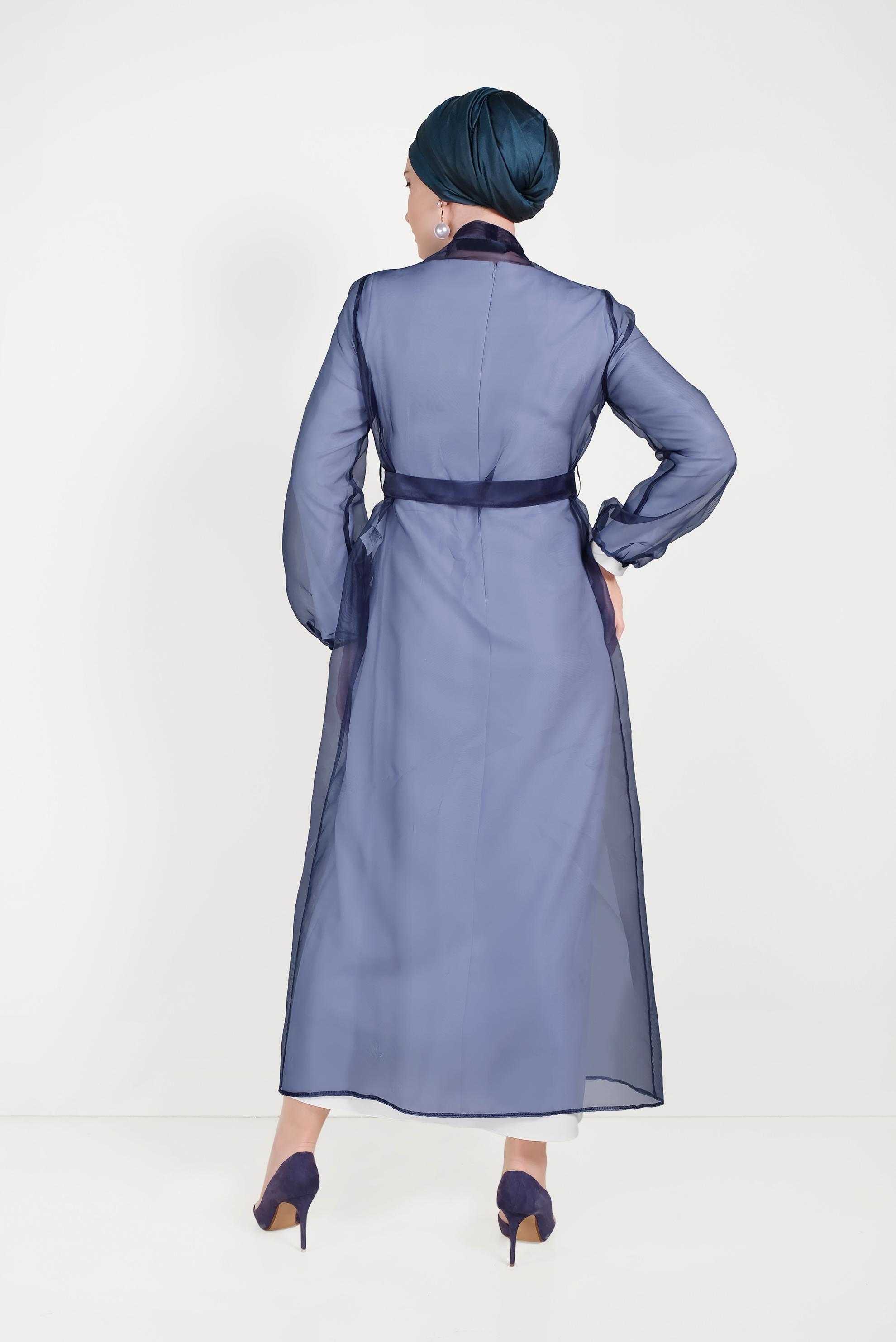 Tesettür giyim LACİVERT NAKIŞ İŞLEMELİ KUŞAKLI İKİLİ ELBİSE 40601