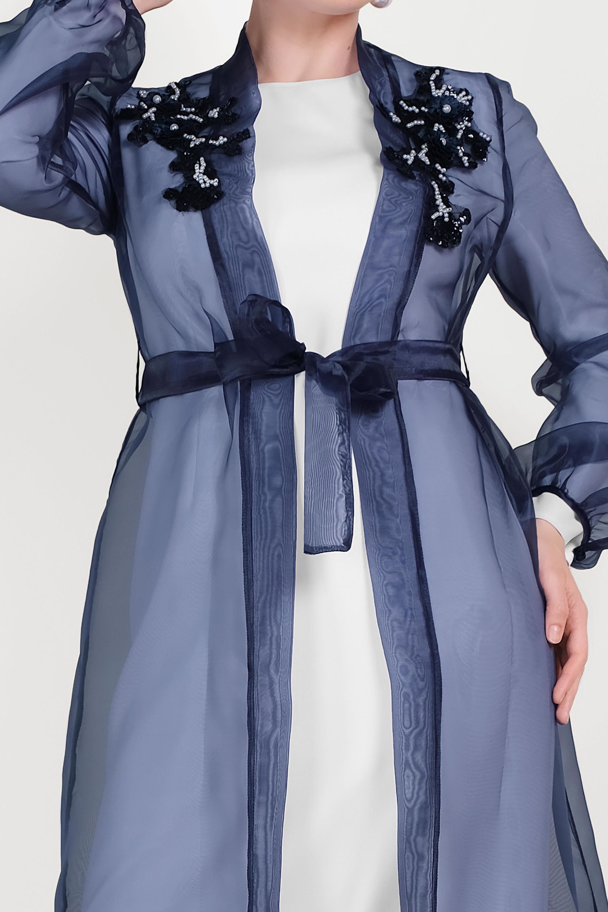 Tesettür giyim LACİVERT NAKIŞ İŞLEMELİ KUŞAKLI İKİLİ ELBİSE 40601