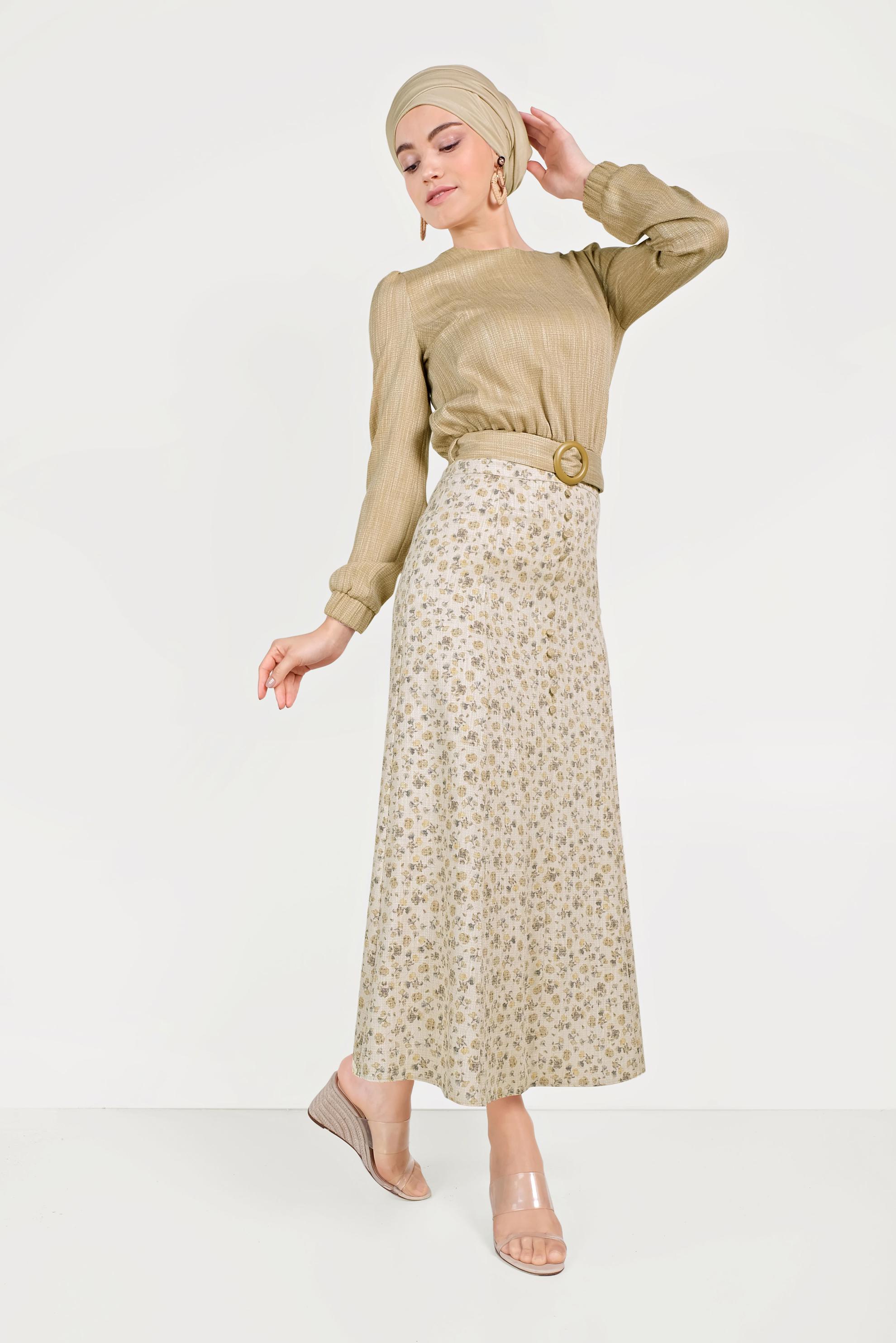 Tesettür giyim SARI ÇİÇEK DESENLİ İKİLİ ETEKLİ TAKIM 40647