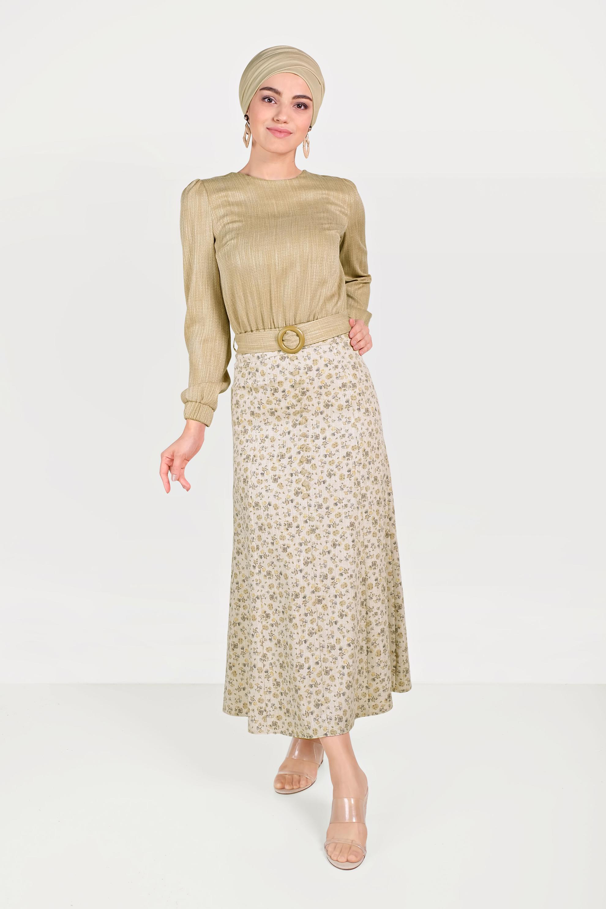 Tesettür giyim SARI ÇİÇEK DESENLİ İKİLİ ETEKLİ TAKIM 40647