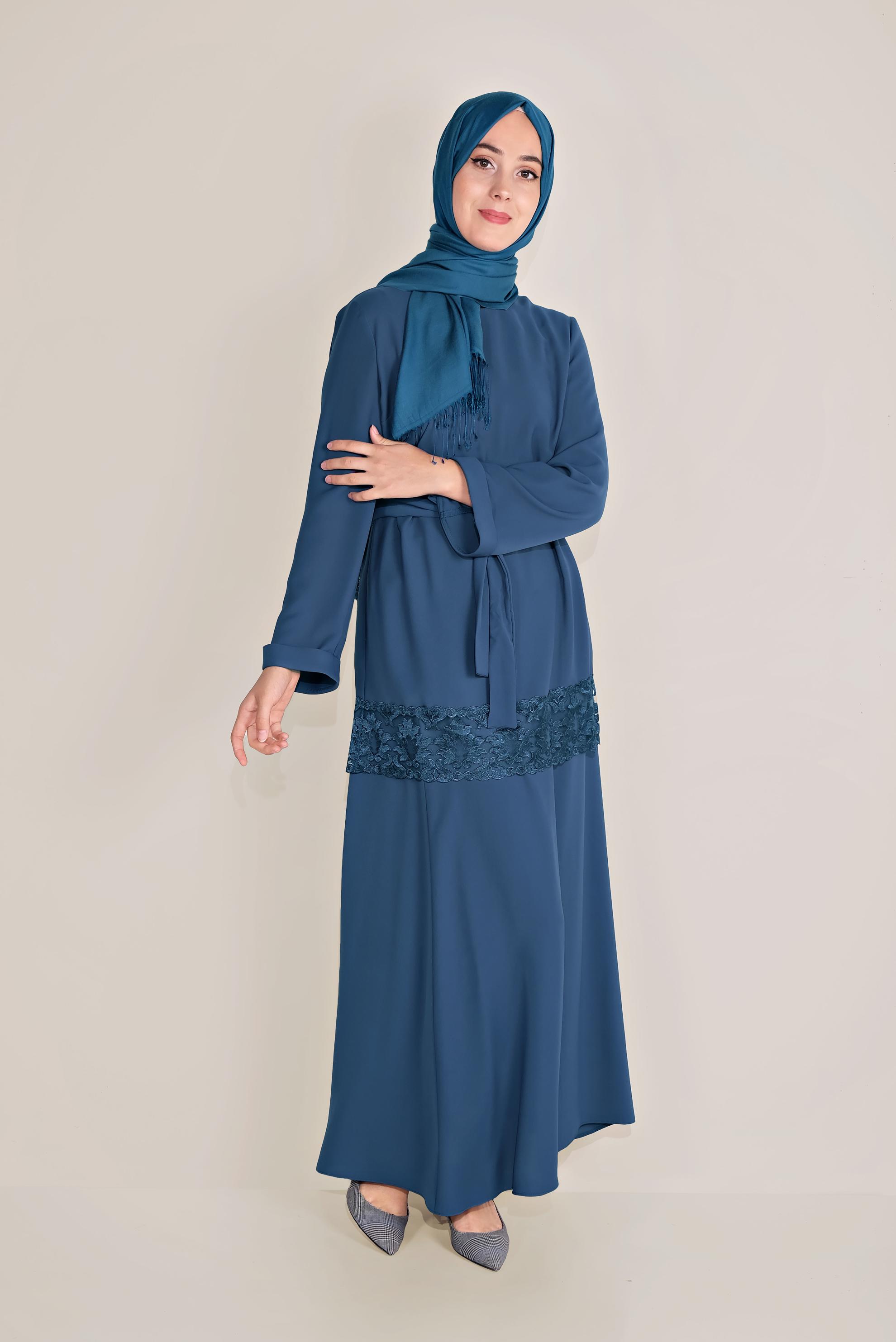 Tesettür giyim LACİVERT GÜPÜR DETAYLI KUŞAKLI ETEKLİ TAKIM 40673