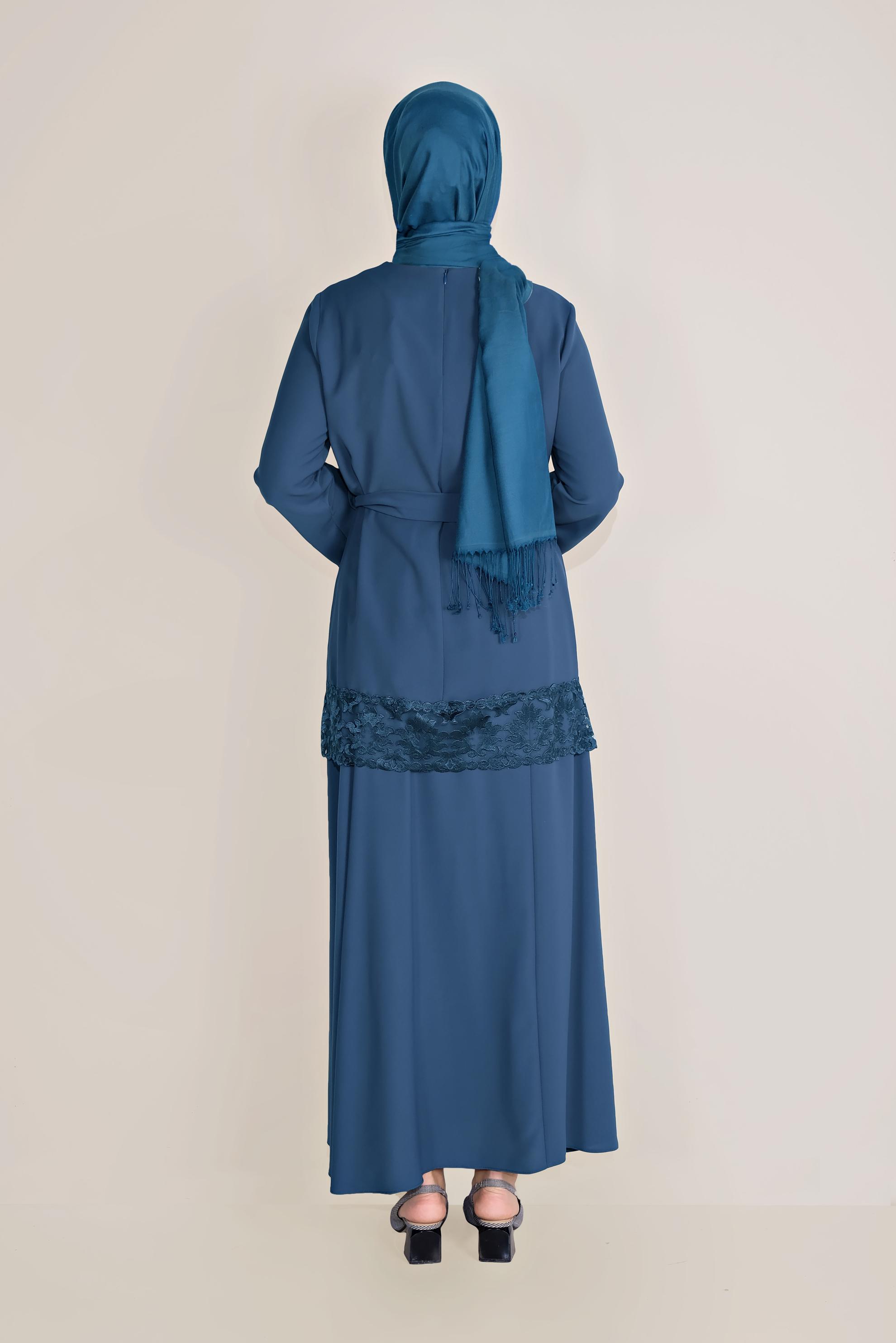 Tesettür giyim LACİVERT GÜPÜR DETAYLI KUŞAKLI ETEKLİ TAKIM 40673