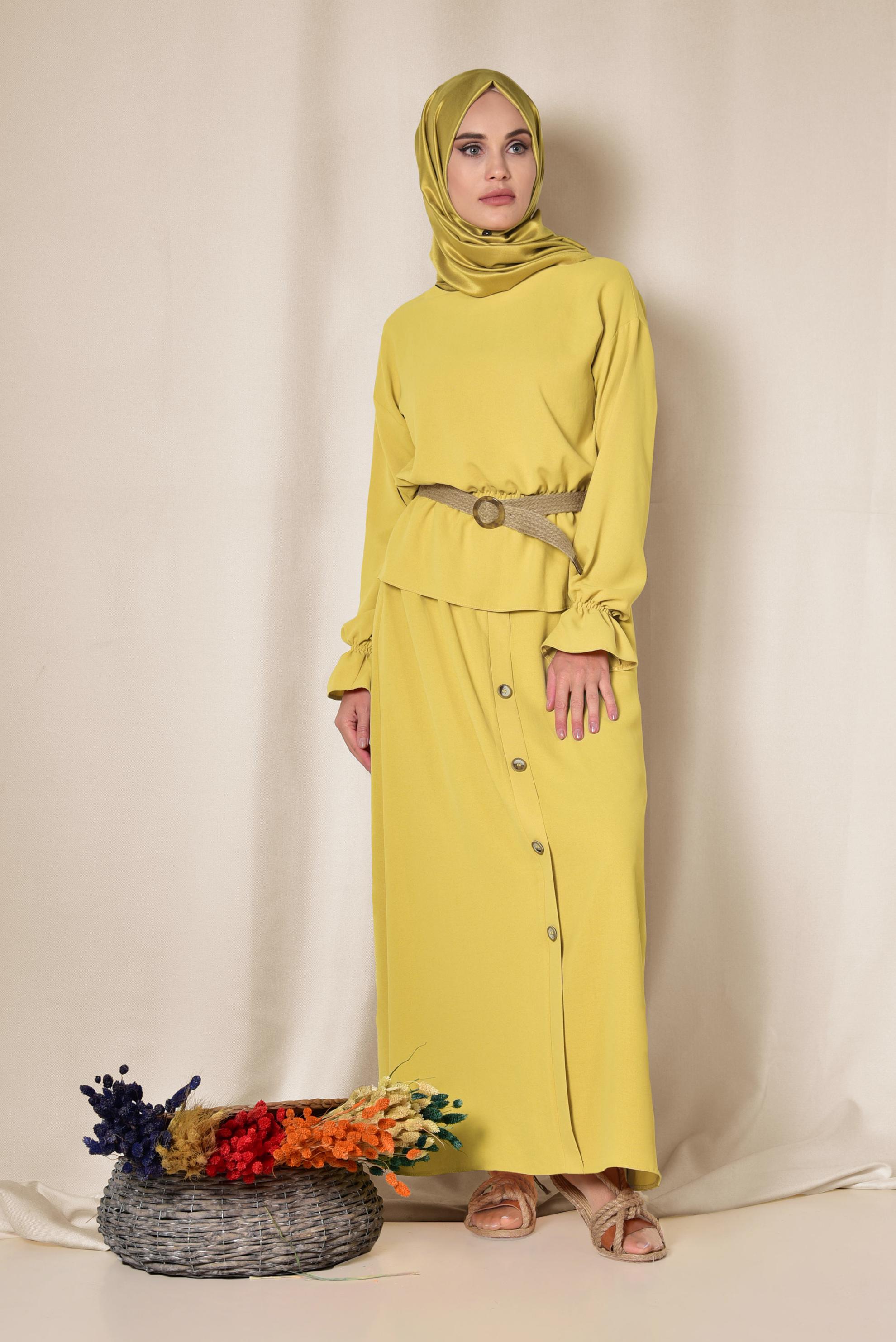 Tesettür giyim SARI BELİ LASTİKLİ ETEKLİ TAKIM 4076