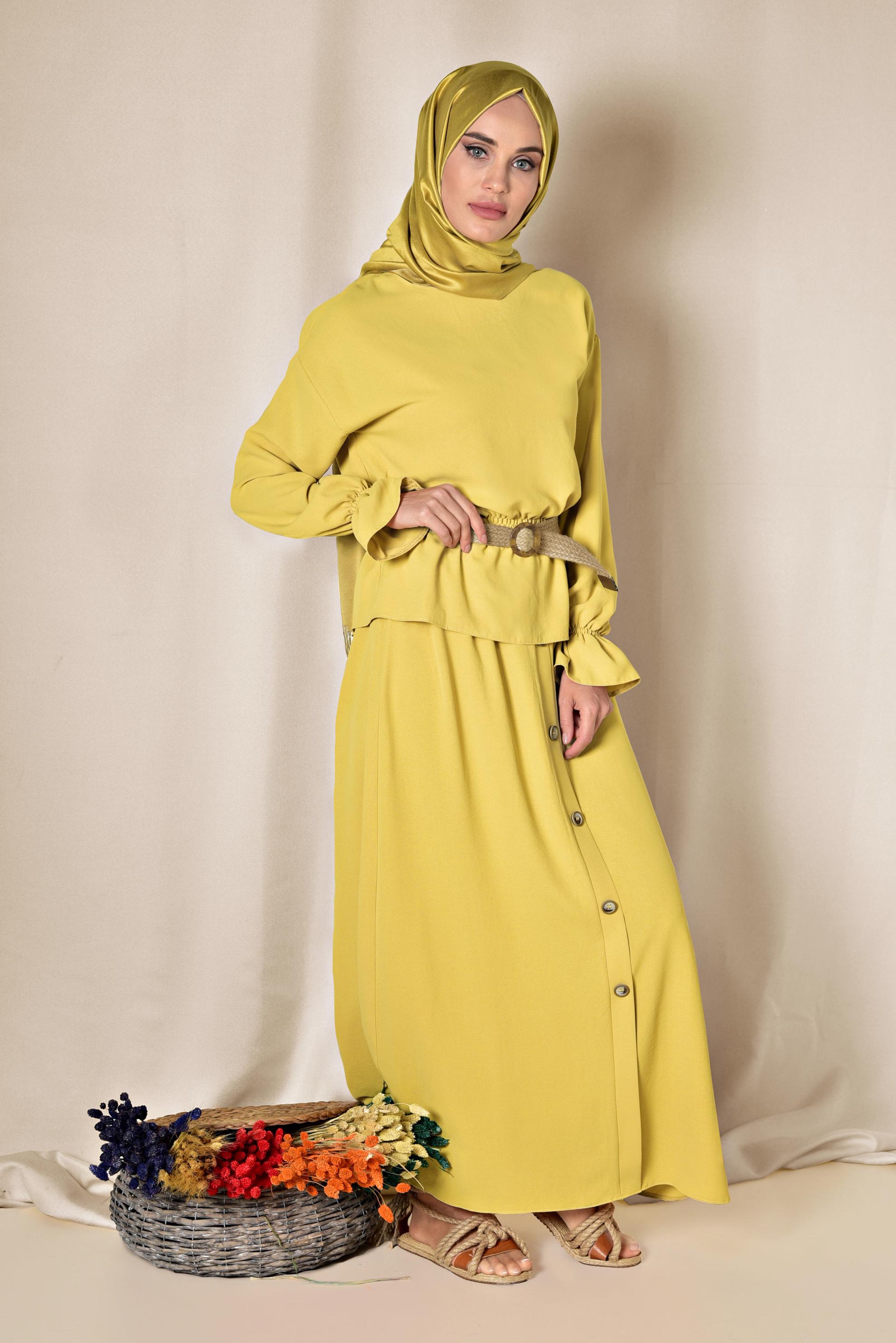 Tesettür giyim SARI BELİ LASTİKLİ ETEKLİ TAKIM 4076