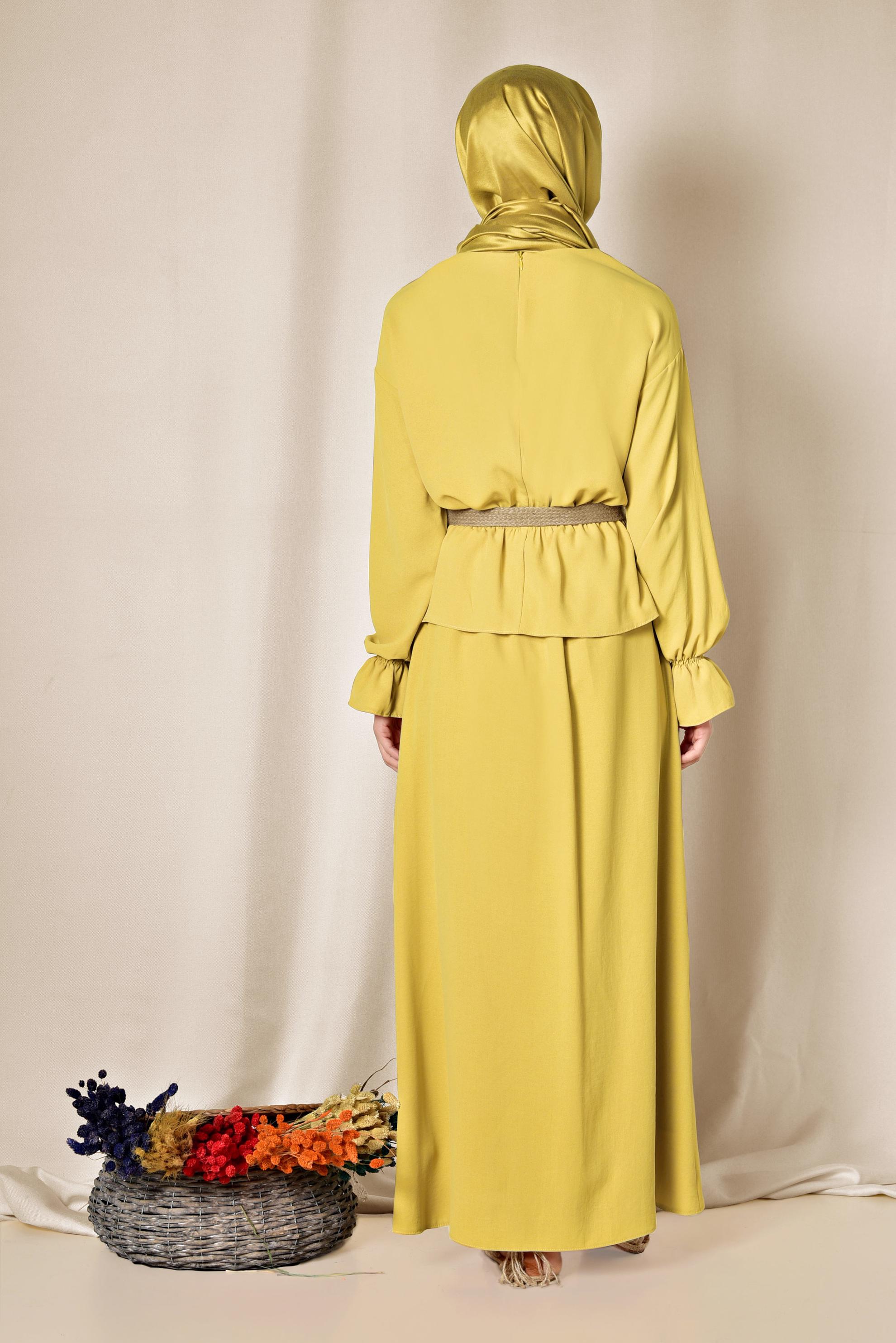 Tesettür giyim SARI BELİ LASTİKLİ ETEKLİ TAKIM 4076