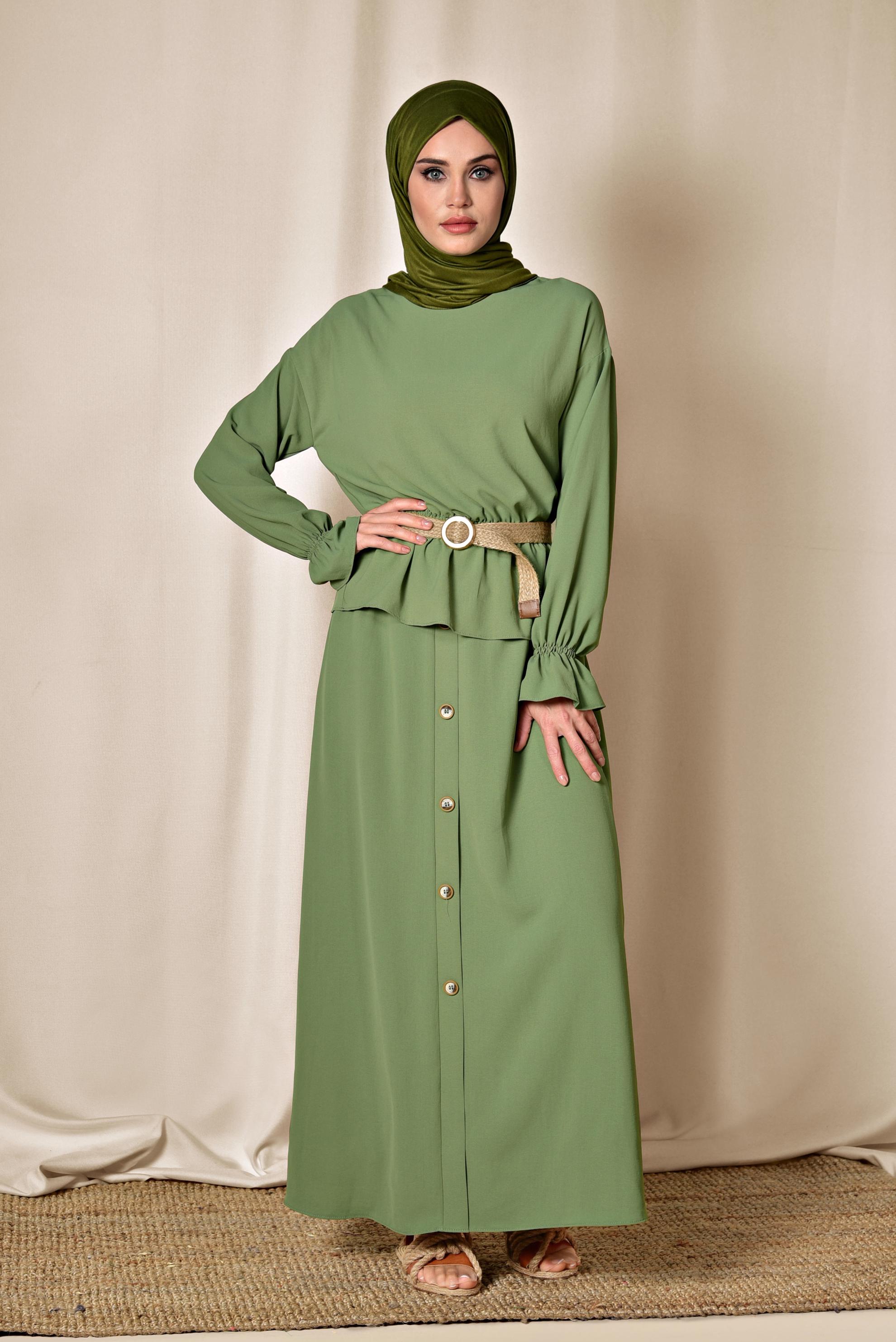 Hijab clothing GREEN ELASTIC WAIST SKIRTED SUIT 4076