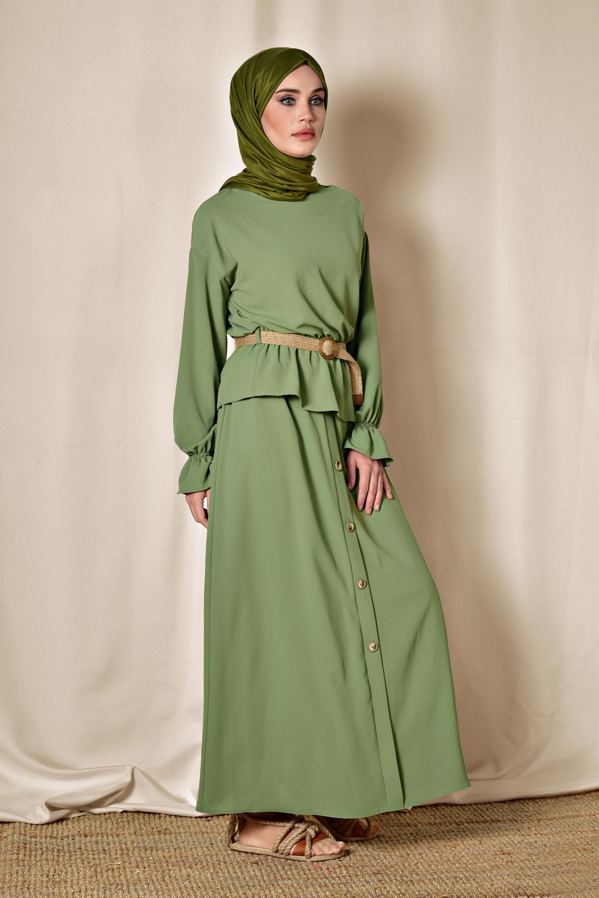Hijab clothing GREEN ELASTIC WAIST SKIRTED SUIT 4076