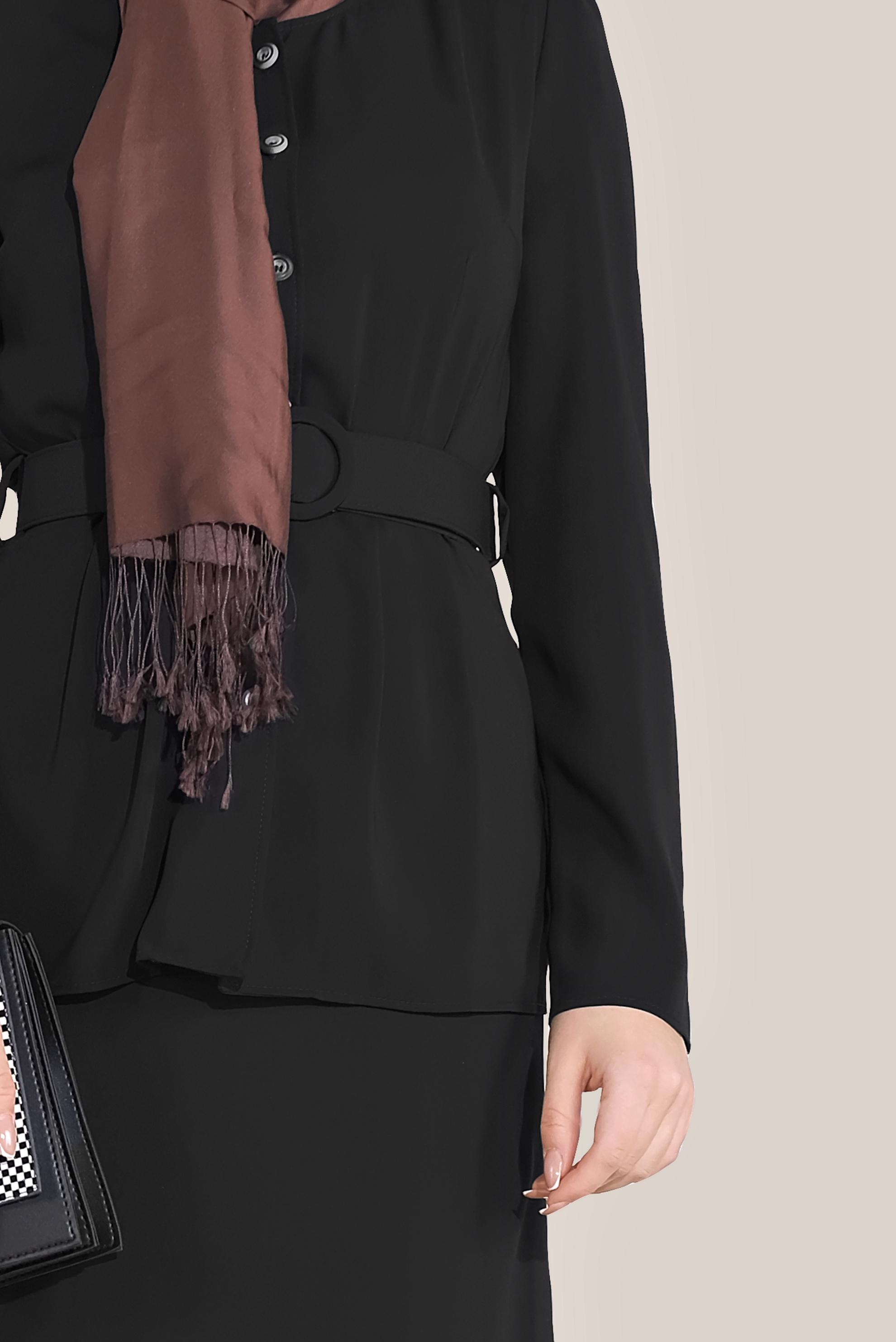 Tesettür giyim SİYAH BOYDAN DÜĞMELİ İKİLİ ETEKLİ TAKIM 40793 