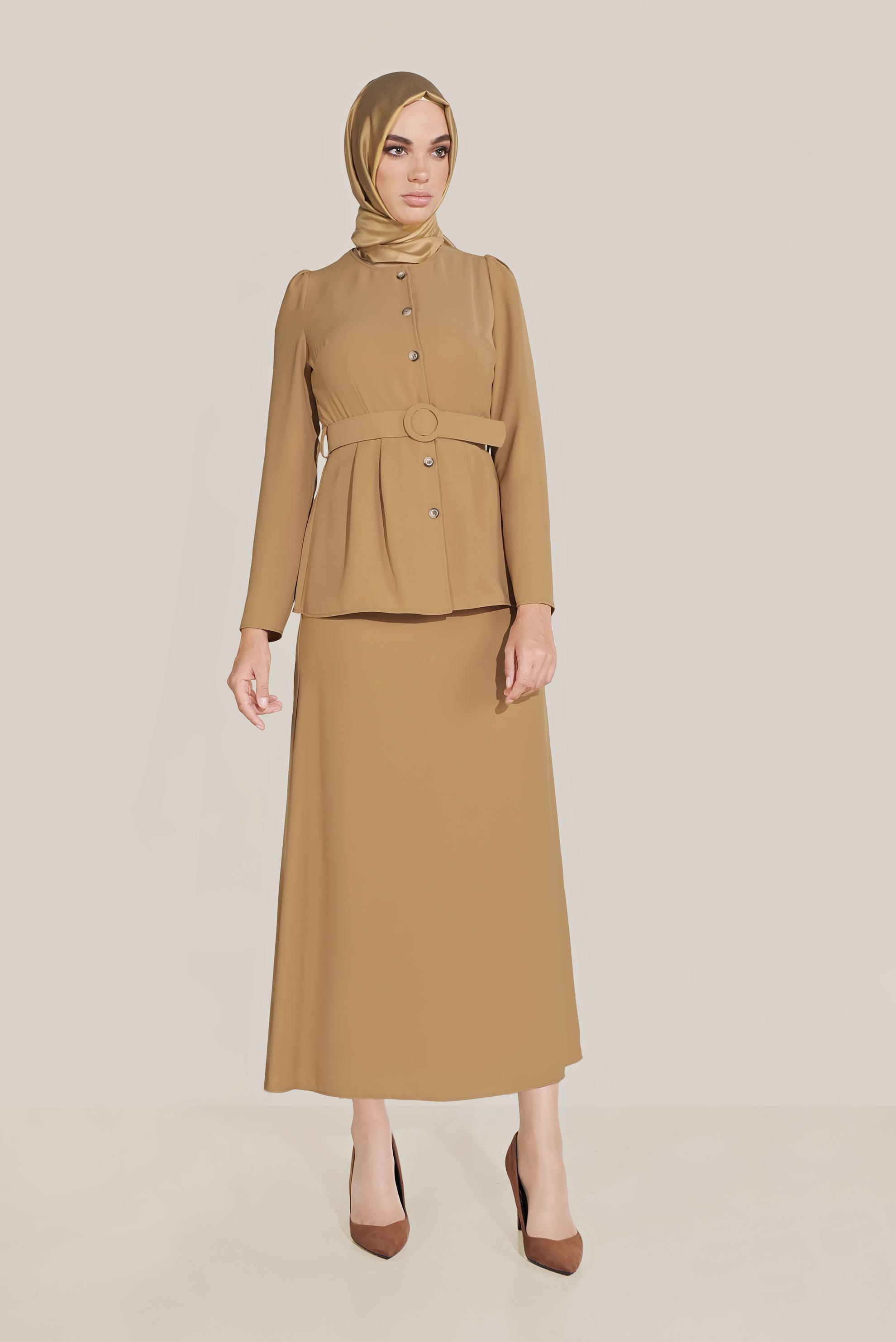 Tesettür giyim SARI BOYDAN DÜĞMELİ İKİLİ ETEKLİ TAKIM 40793 