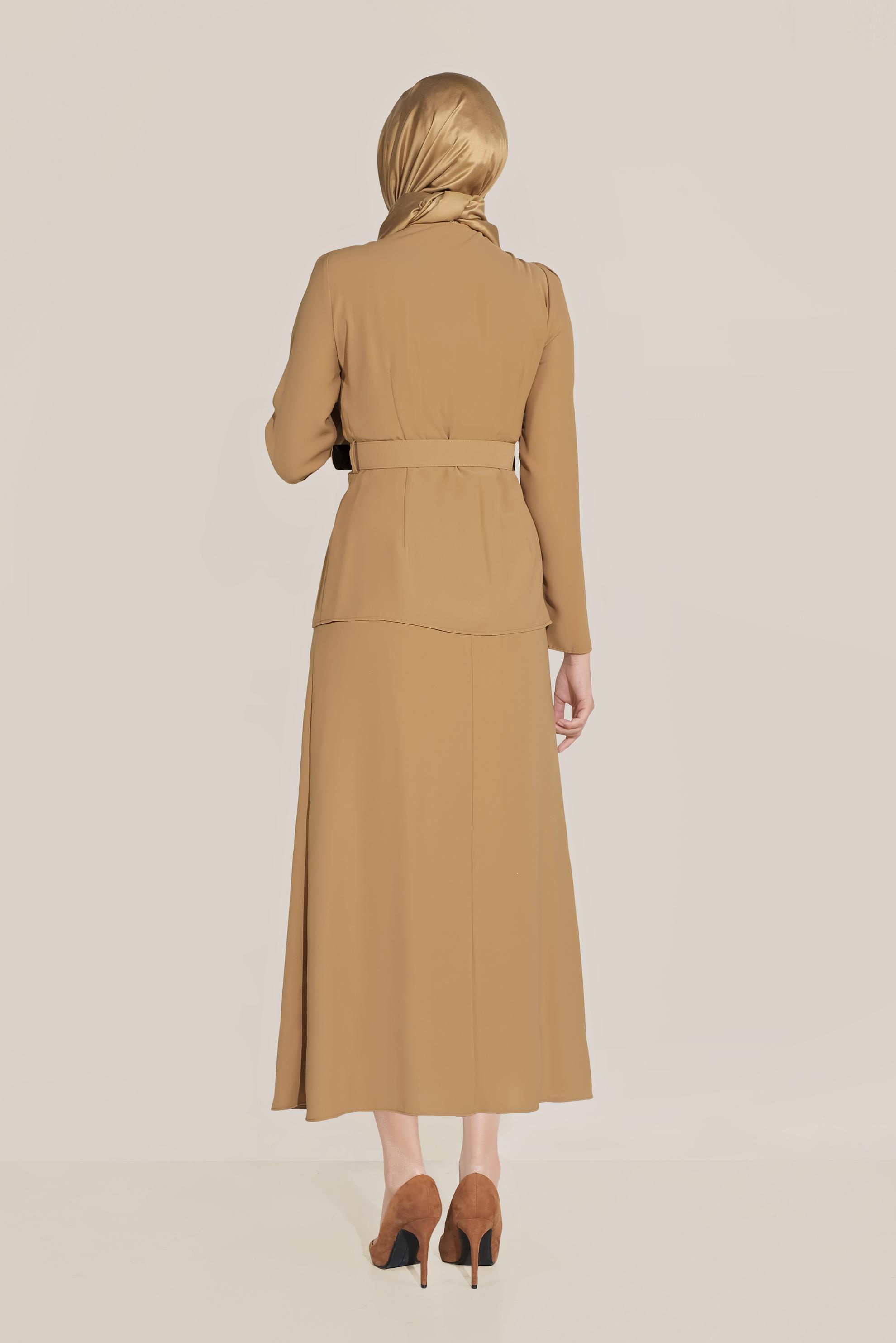 Tesettür giyim SARI BOYDAN DÜĞMELİ İKİLİ ETEKLİ TAKIM 40793 