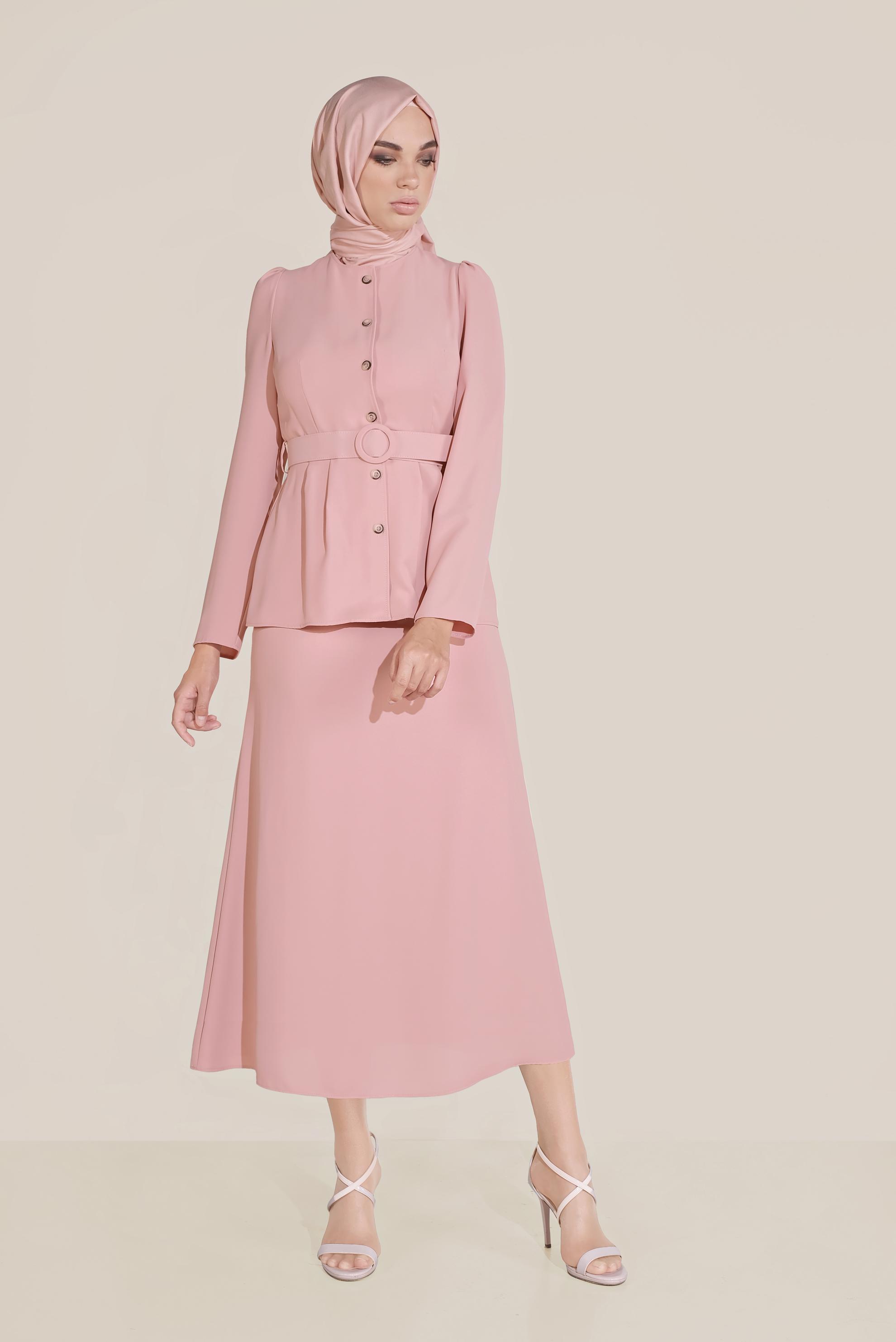 Tesettür giyim PUDRA BOYDAN DÜĞMELİ İKİLİ ETEKLİ TAKIM 40793 