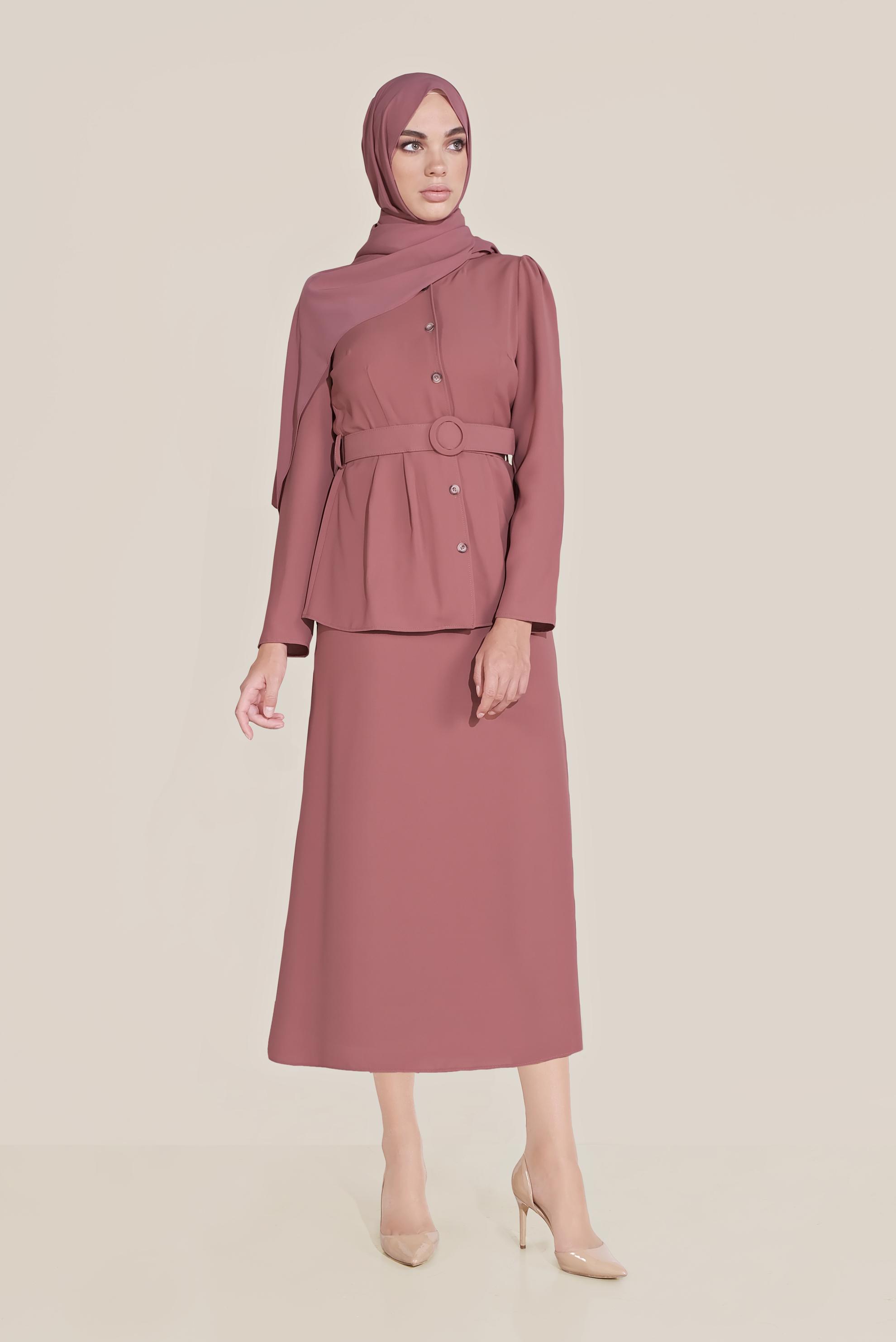 Tesettür giyim PEMBE BOYDAN DÜĞMELİ İKİLİ ETEKLİ TAKIM 40793 