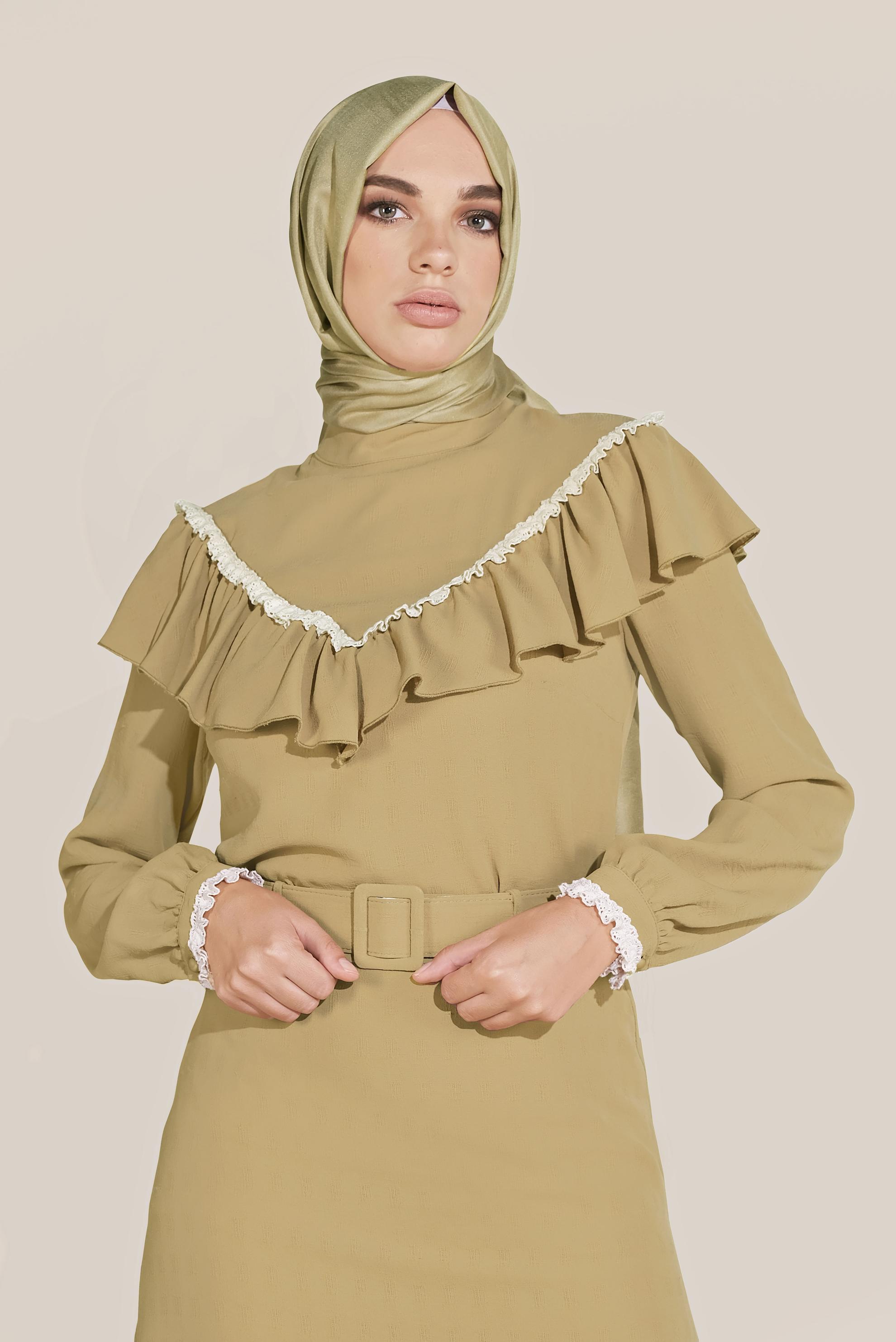Tesettür giyim KAHVE FIRFIRLI KEMERLİ ETEKLİ TAKIM 40811