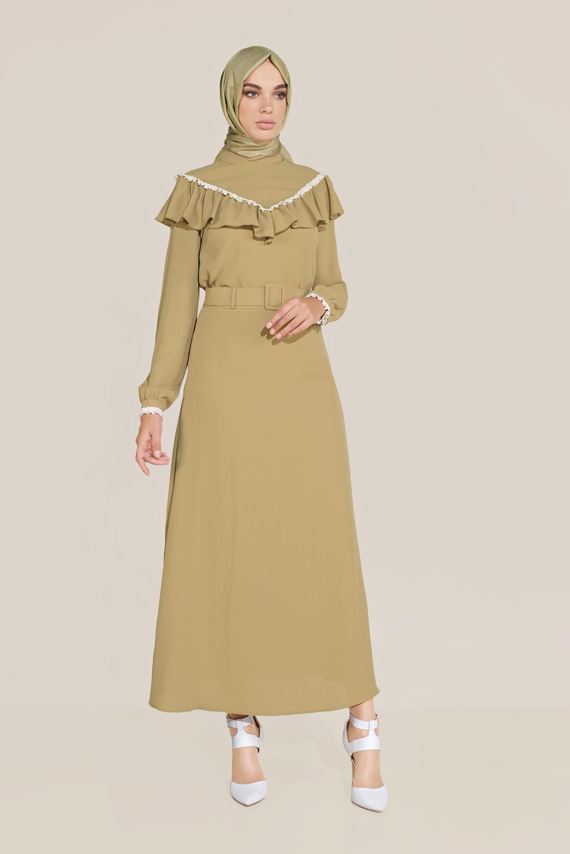 Tesettür giyim KAHVE FIRFIRLI KEMERLİ ETEKLİ TAKIM 40811