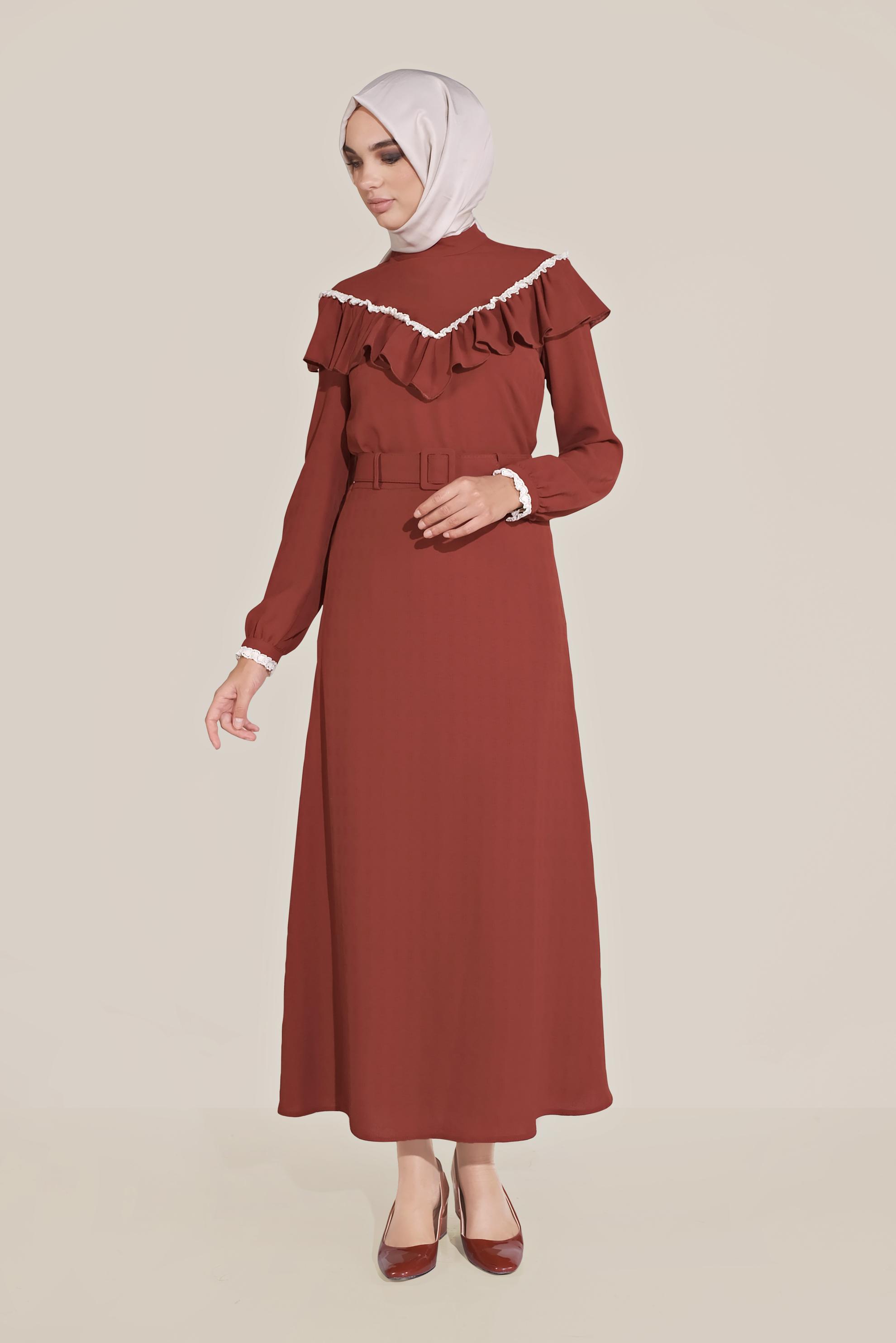 Tesettür giyim TURUNCU FIRFIRLI KEMERLİ ETEKLİ TAKIM 40811