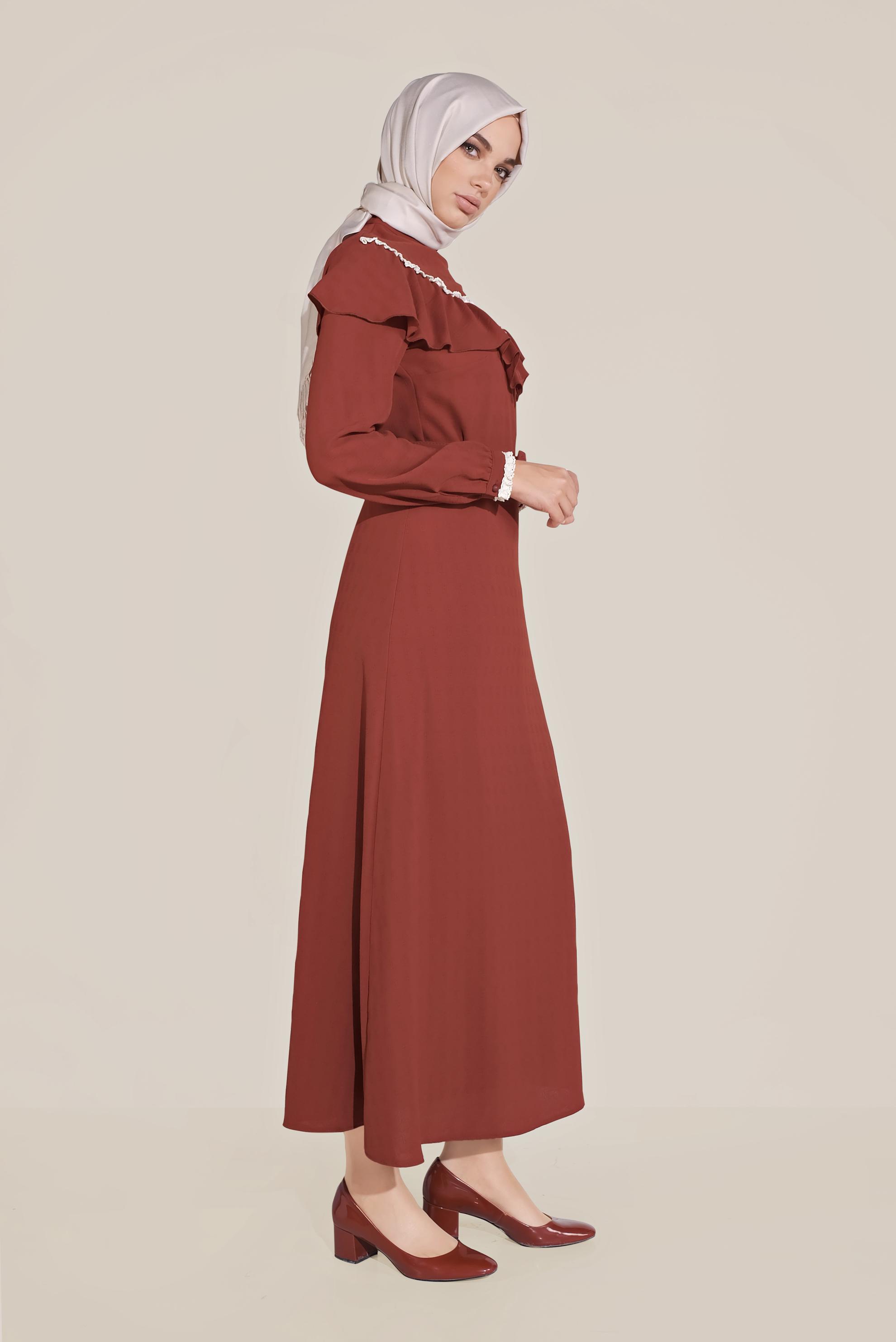 Tesettür giyim TURUNCU FIRFIRLI KEMERLİ ETEKLİ TAKIM 40811