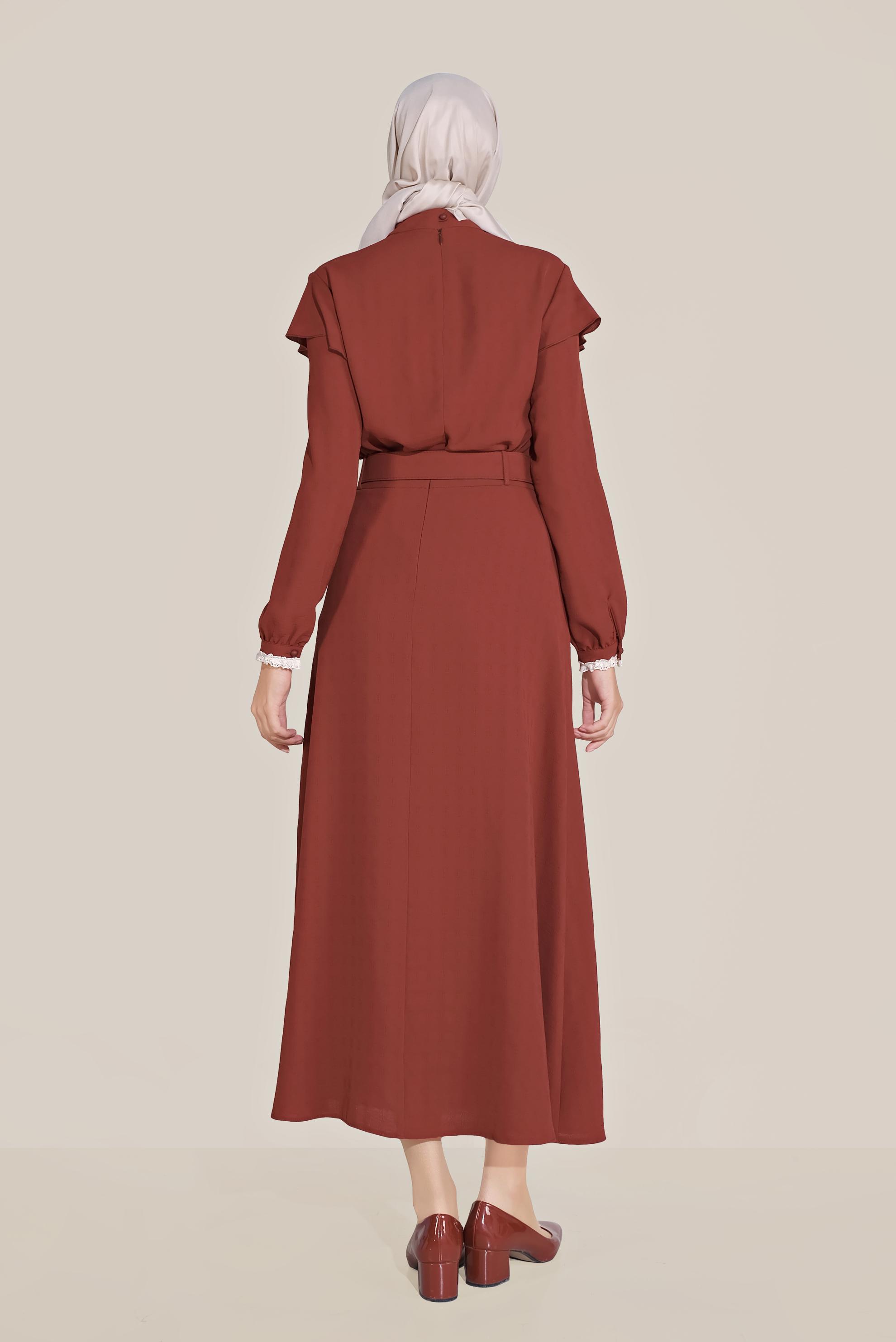 Tesettür giyim TURUNCU FIRFIRLI KEMERLİ ETEKLİ TAKIM 40811