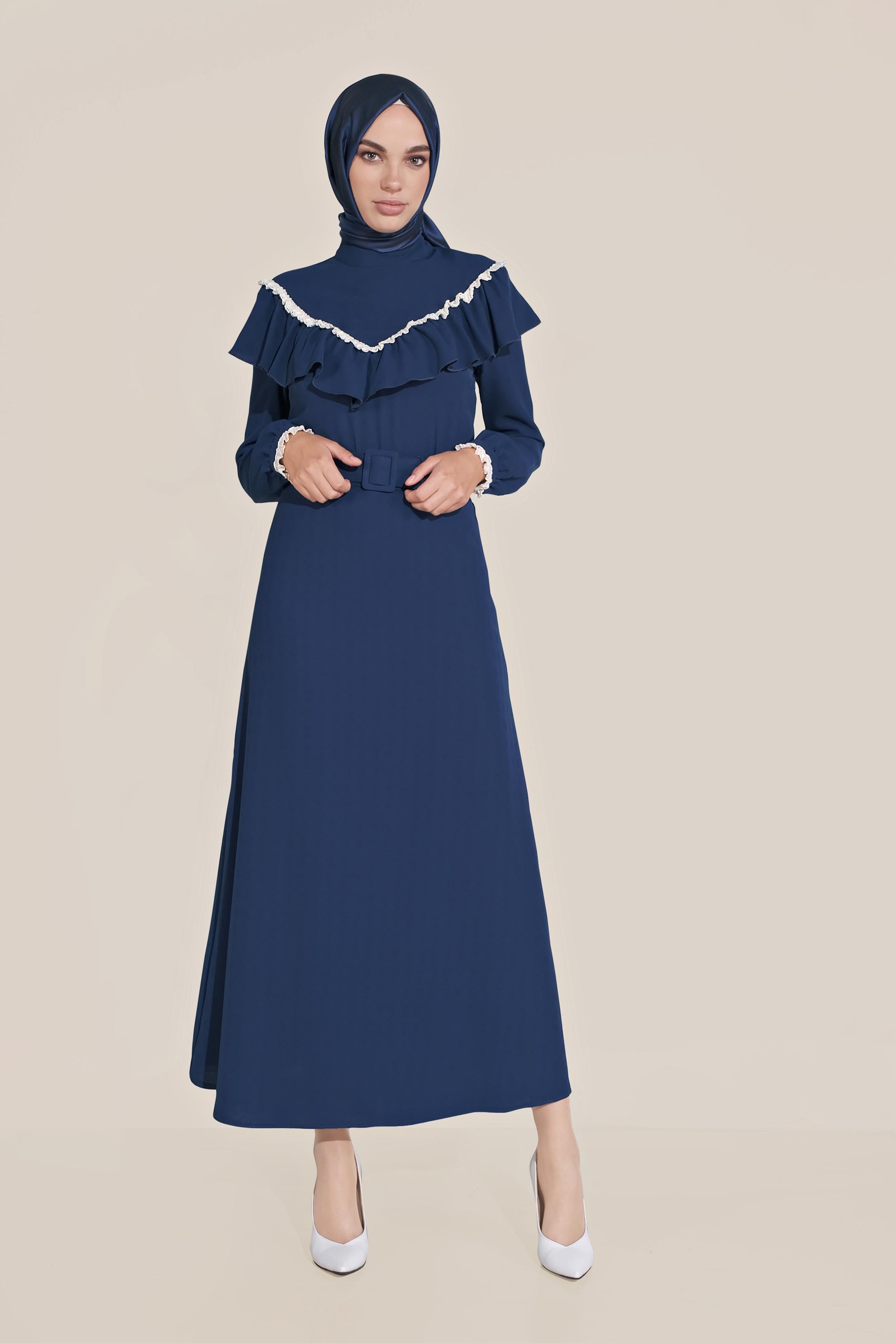 Tesettür giyim LACİVERT FIRFIRLI KEMERLİ ETEKLİ TAKIM 40811