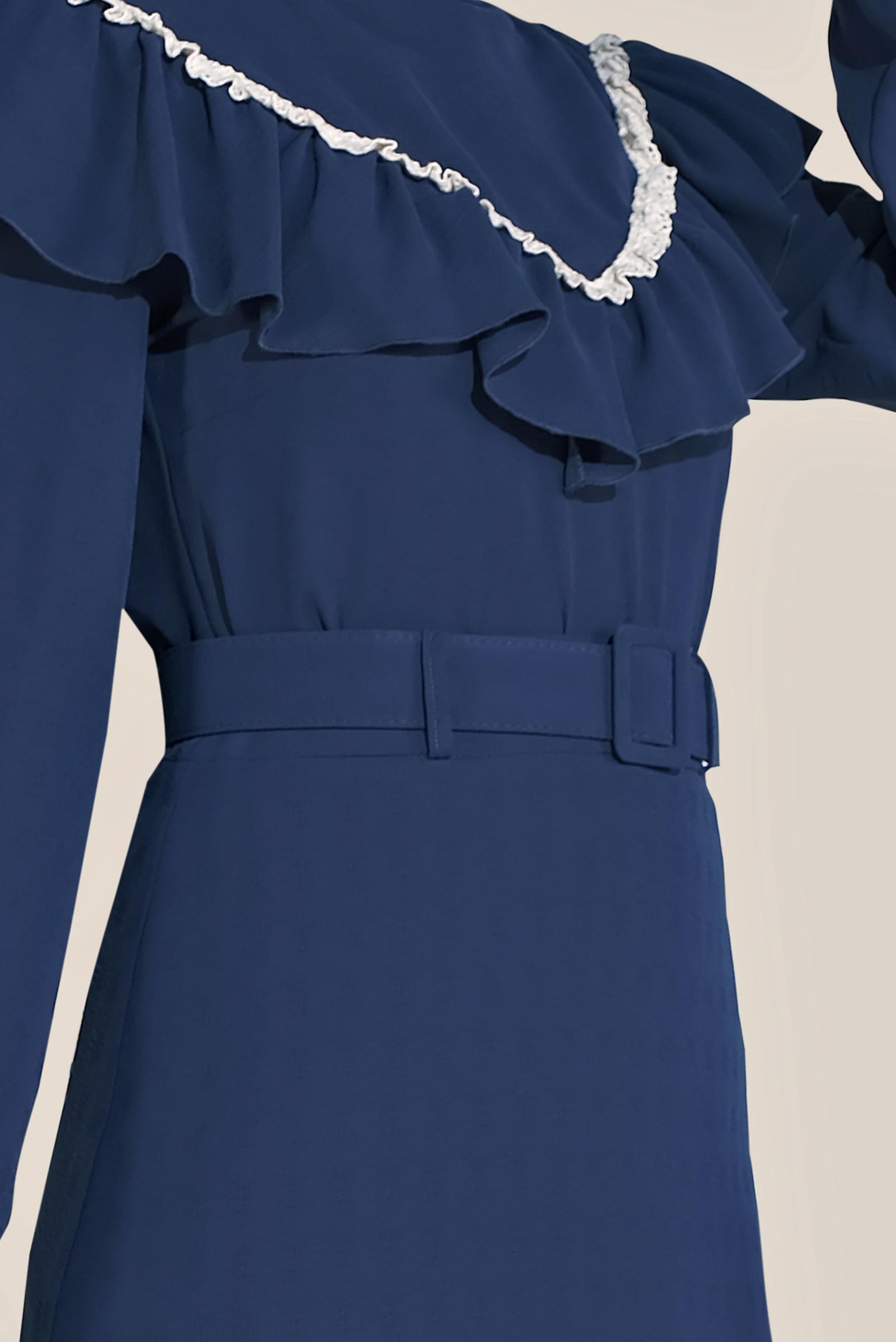 Tesettür giyim LACİVERT FIRFIRLI KEMERLİ ETEKLİ TAKIM 40811