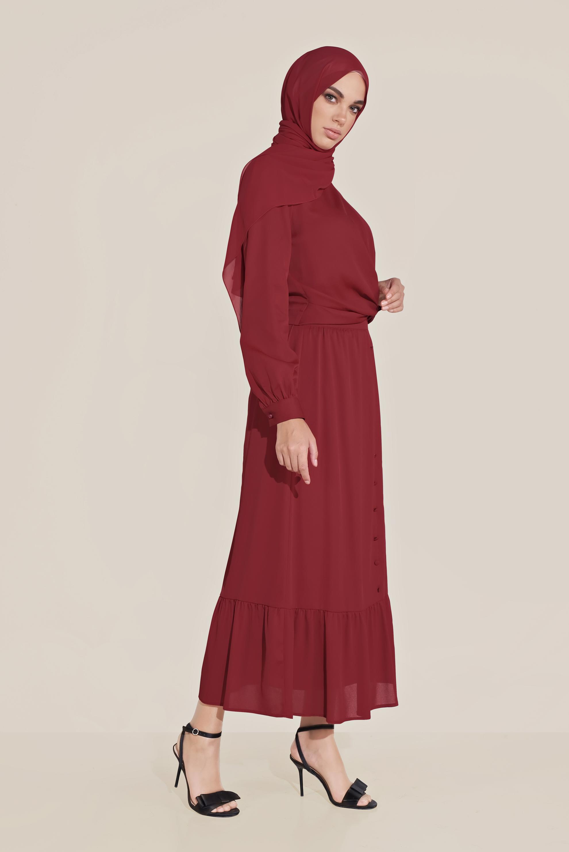 Tesettür giyim BORDO DÜĞMELİ UCU FIRFIRLI BALIKÇI YAKA ETEKLİ TAKIM 40812