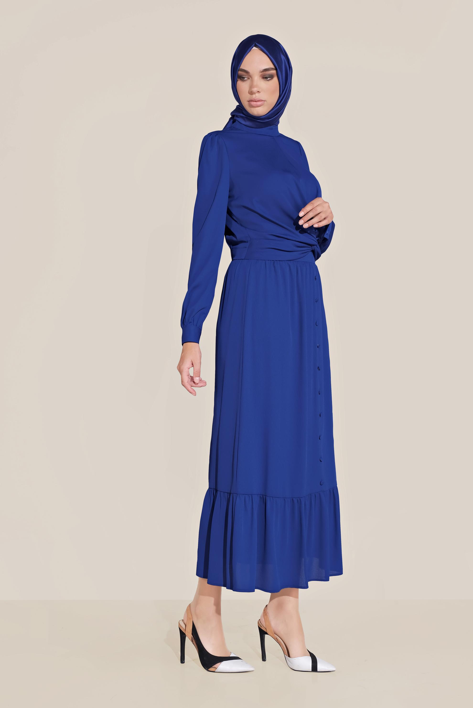 Tesettür giyim LACİVERT DÜĞMELİ UCU FIRFIRLI BALIKÇI YAKA ETEKLİ TAKIM 40812