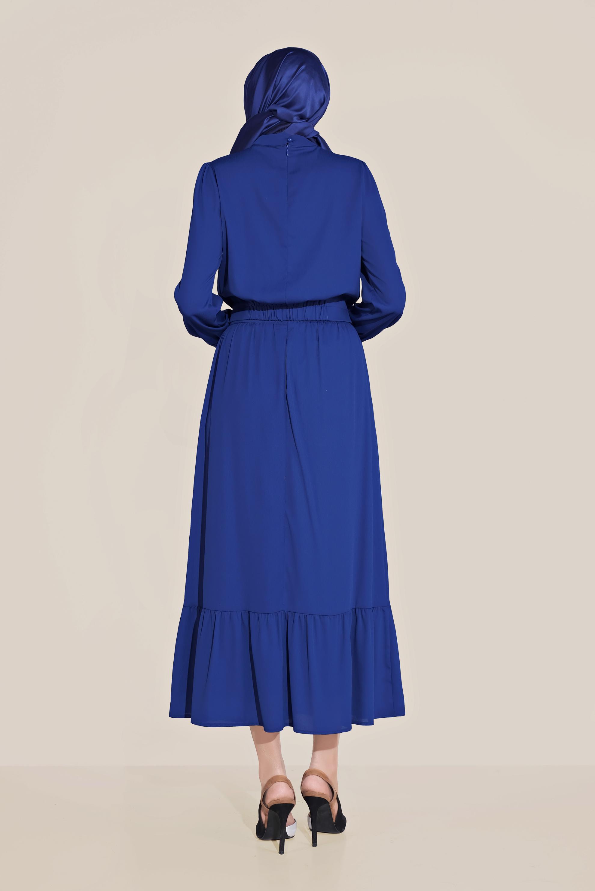 Tesettür giyim LACİVERT DÜĞMELİ UCU FIRFIRLI BALIKÇI YAKA ETEKLİ TAKIM 40812