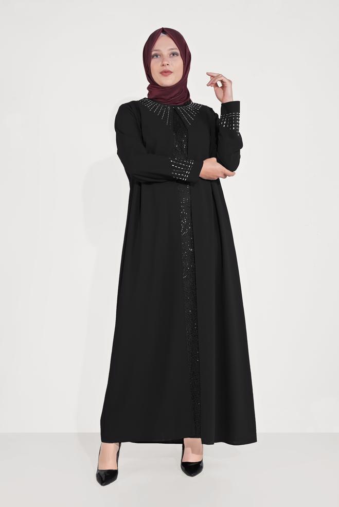 Vêtements hijab NOIR ROBE & VESTE BRODÉ 30019  - ALVİNA