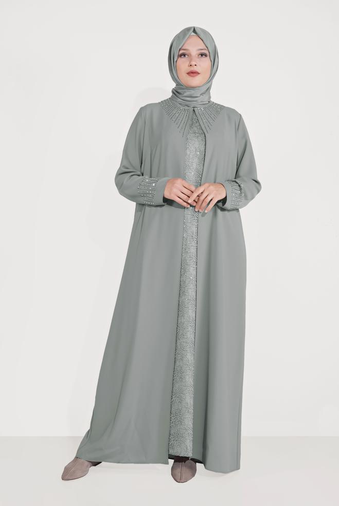 Hijab-Kleidung GRAU BONCUK İŞLEMELİ İKİLİ ELBİSELİ TAKIM 30019  - ALVİNA