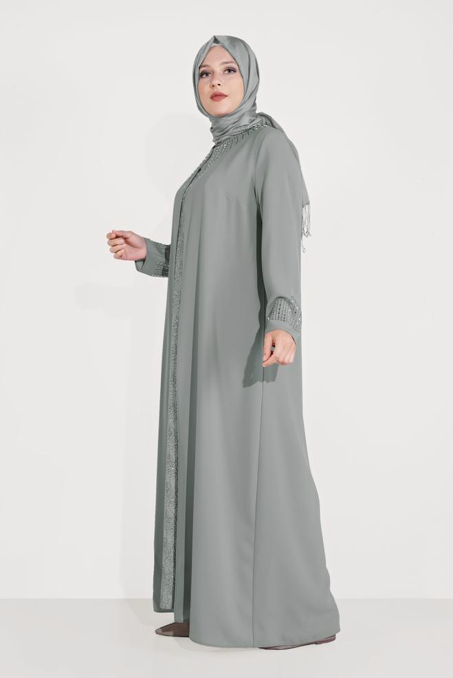 Hijab-Kleidung GRAU BONCUK İŞLEMELİ İKİLİ ELBİSELİ TAKIM 30019  - ALVİNA
