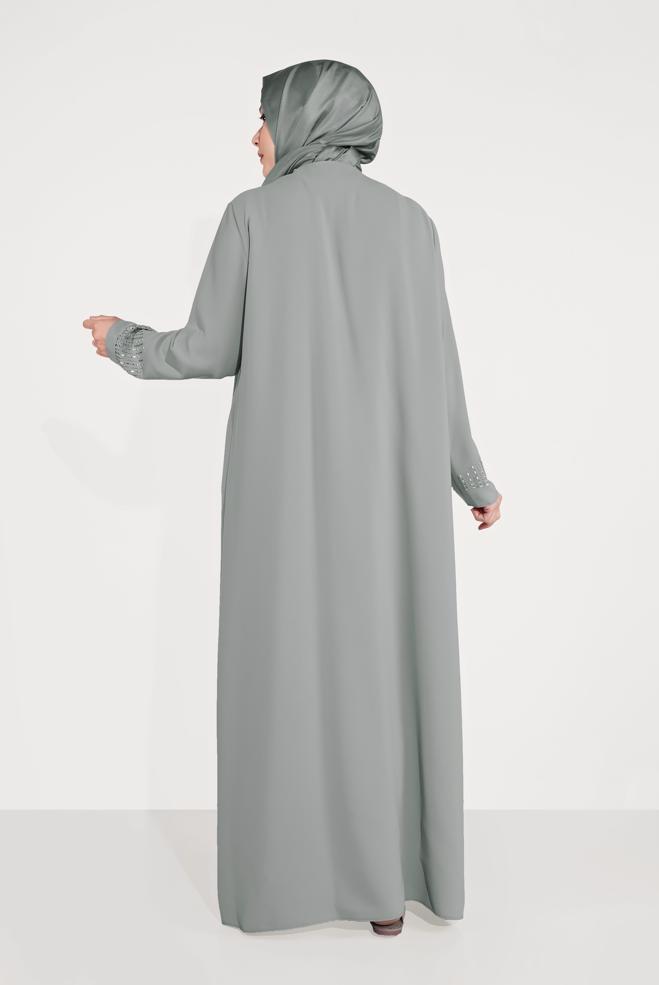 Hijab-Kleidung GRAU BONCUK İŞLEMELİ İKİLİ ELBİSELİ TAKIM 30019  - ALVİNA